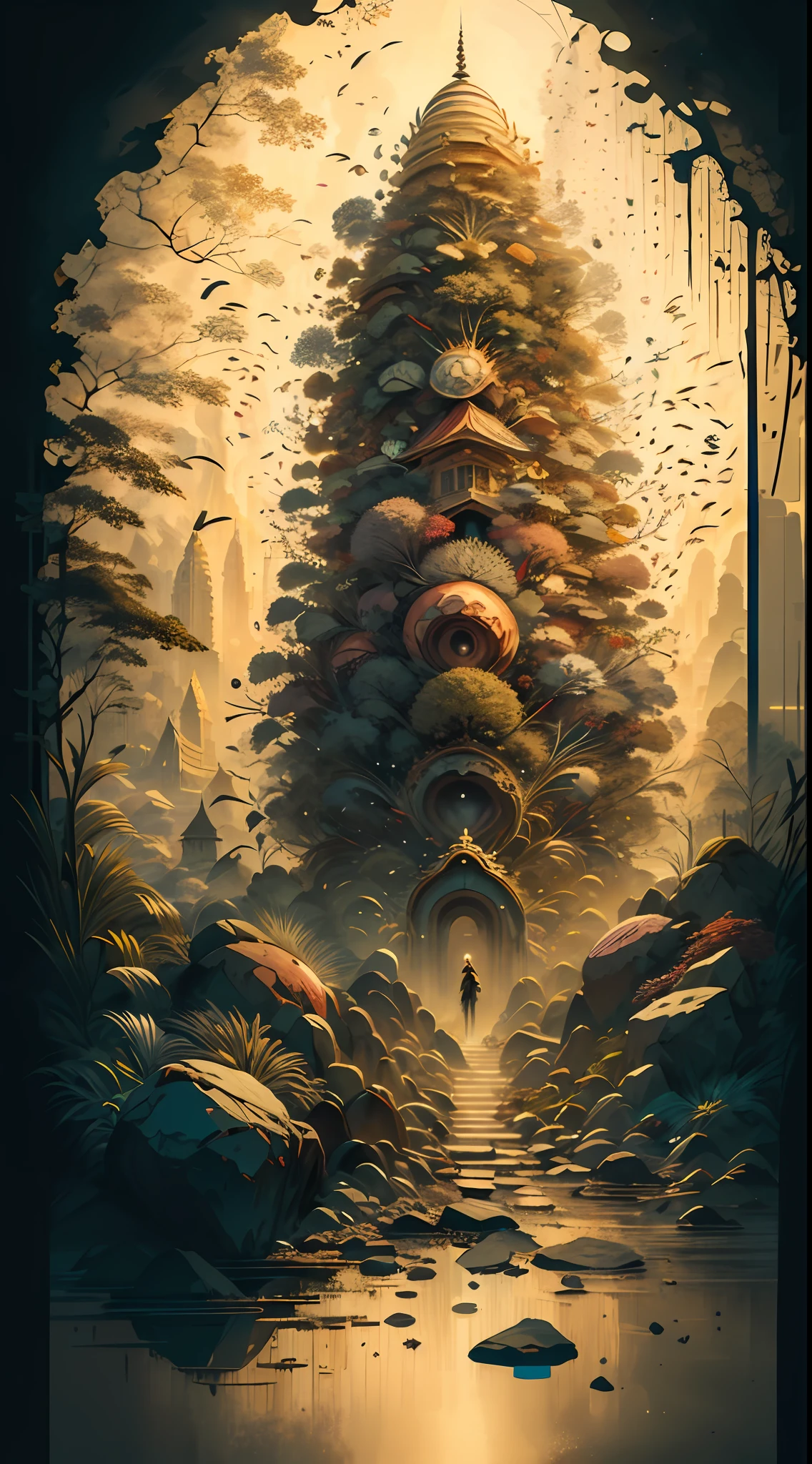 Absurd, high resolution, ultra-detailed, (1 girl:1.3), broken, design a beautiful temple scene, intricate architecture, lush gardens, and a sense of peace and spirituality. Broken, creating an image of a destructive demon with terrifying features, dark powers, and a thirst for chaos and destruction. Broken, designed with a fisheye effect image that captures a wide field of view with a unique curved viewing angle. Break to create rooftop views in urban environments with panoramic cityscapes, dramatic skylines, and a sense of elevation. Break , illustrating the tender moments between parents and children, capturing their bonds, love, and connection. Broken, using pointillism to illustrate images, carefully placed tiny dots of color to create a cohesive and visually stunning whole.