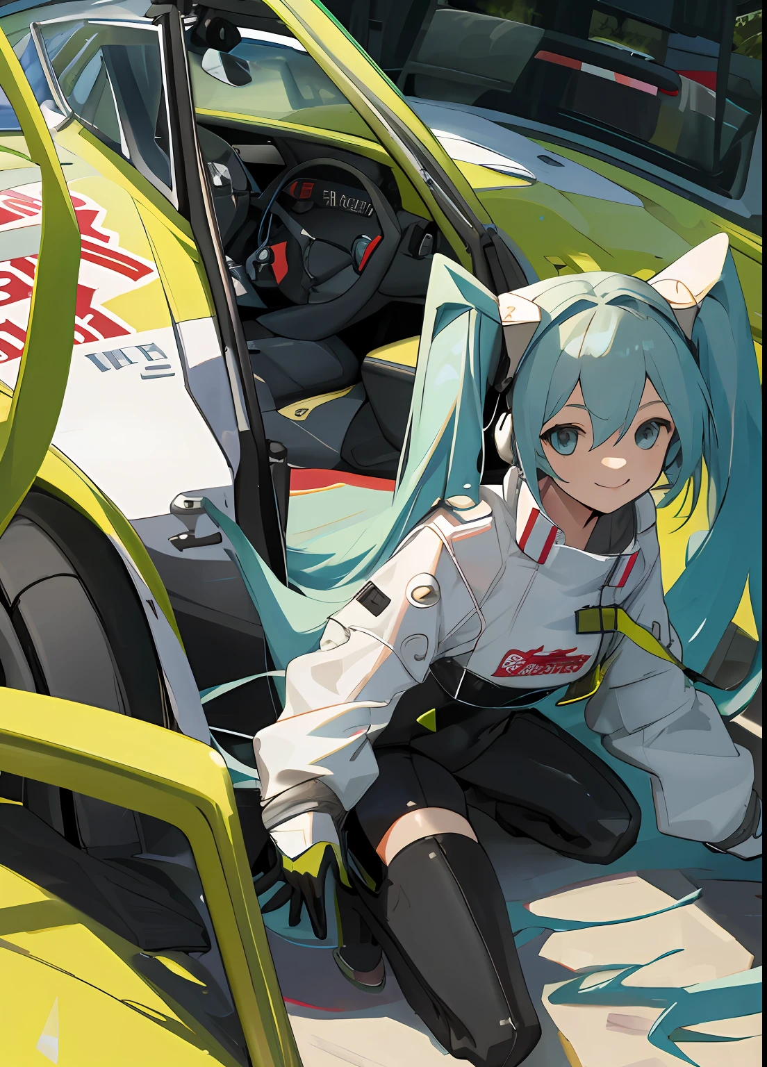 masterpiece,(ultra-detailed),1girl, smile, car, racecar, circuit, racing miku, black bodysuit, cropped jacket, white jacket, long sleeves, two-tone gloves, thigh boots,