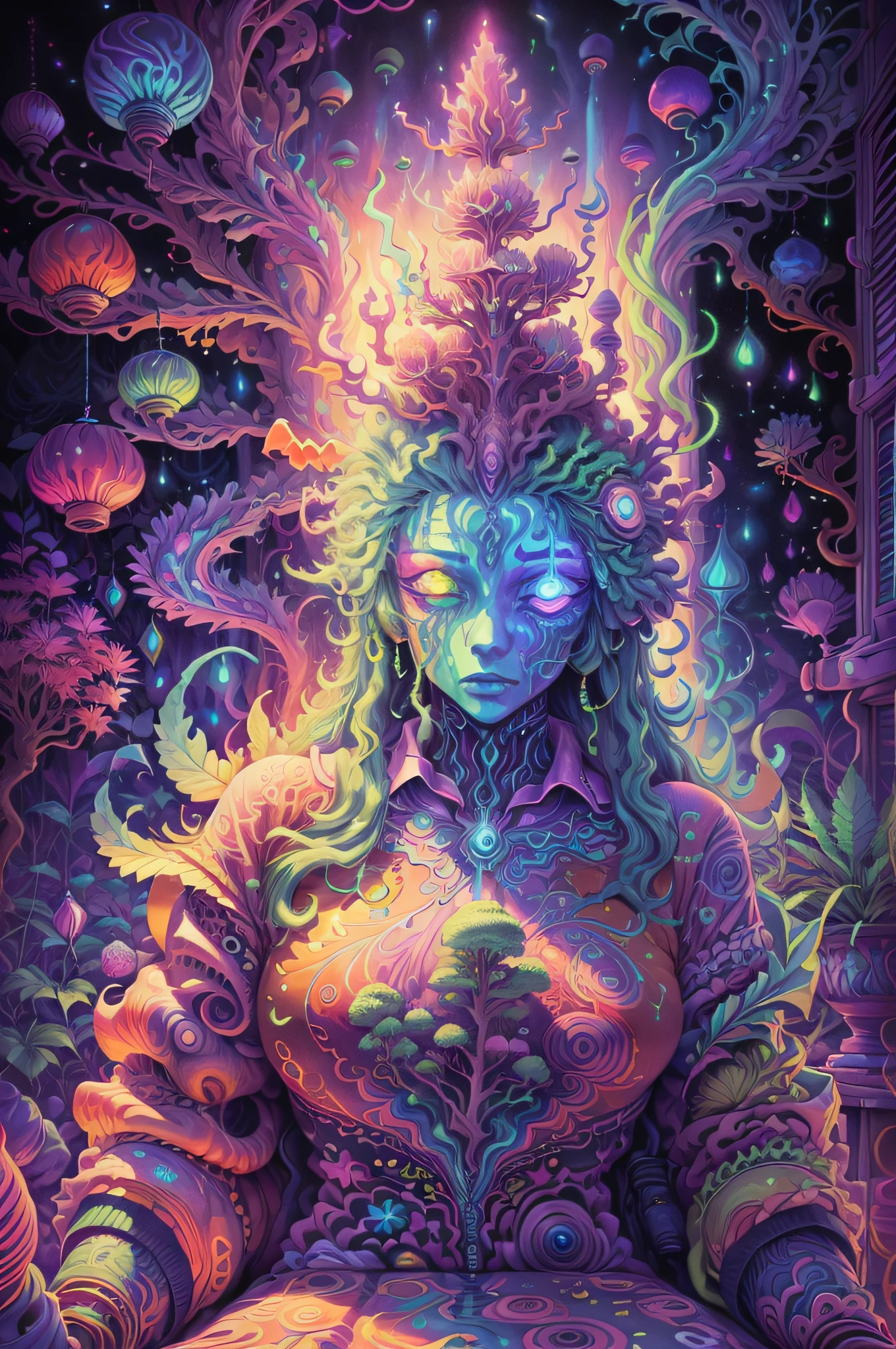 Fluorescence, cannabis, psychedelic colors, surrealist, weed trip, highly detailed --auto