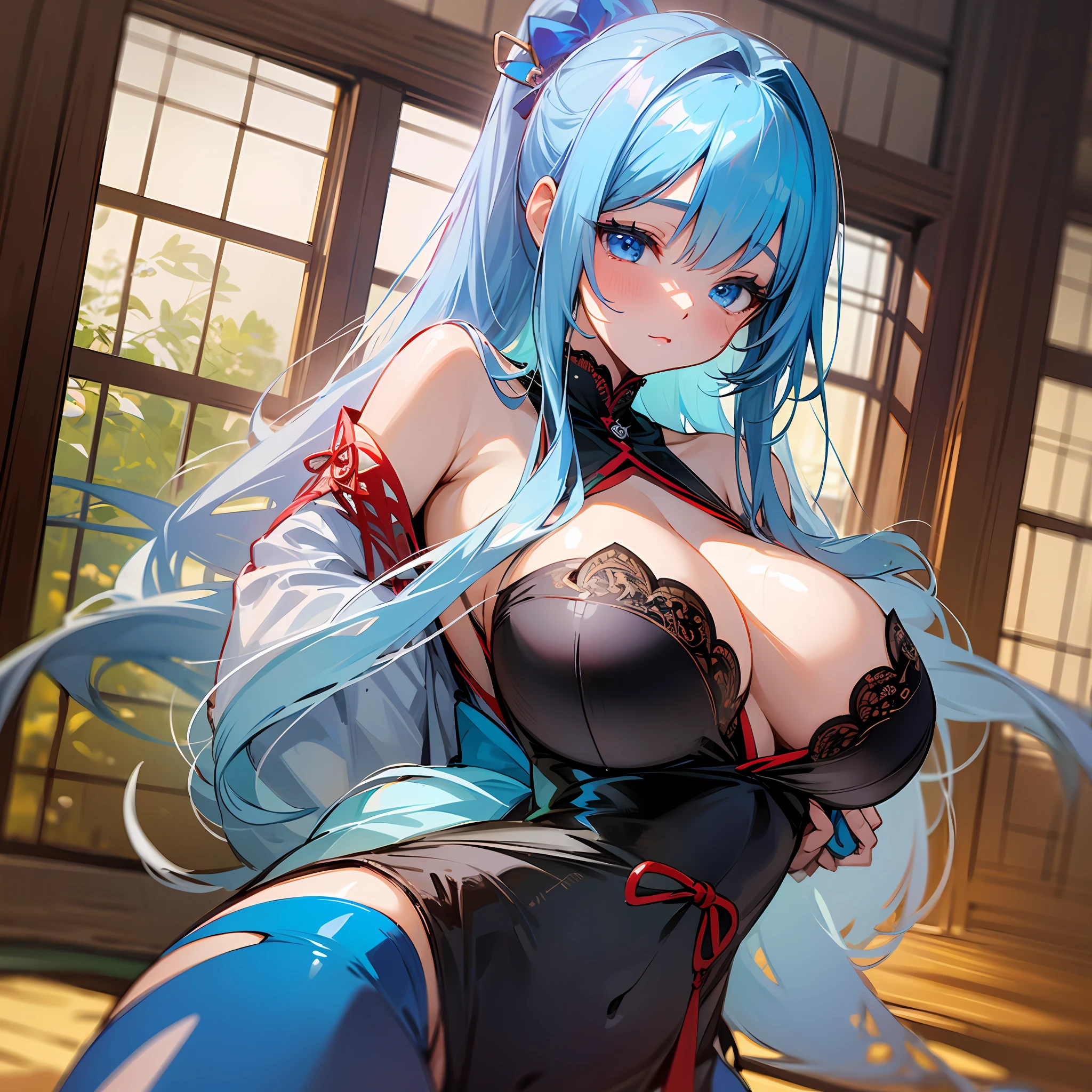 8K、top-quality、Masterpiece、An ultra-high picture quality、ultra-detailliert、Super beautiful、animesque、Ultra-realistic flesh feeling、full bodyesbian、Bewitching look、shave ice、Off-shoulder blue yukata、Beautuful Women、Long blue hair、poneyTail、Blue eyes、shinny skin、Very gigantic-breasts、red lace brassiere、extremely big ass、shinny skin 、The background is a Japanese-style room in the daytime --auto --s2