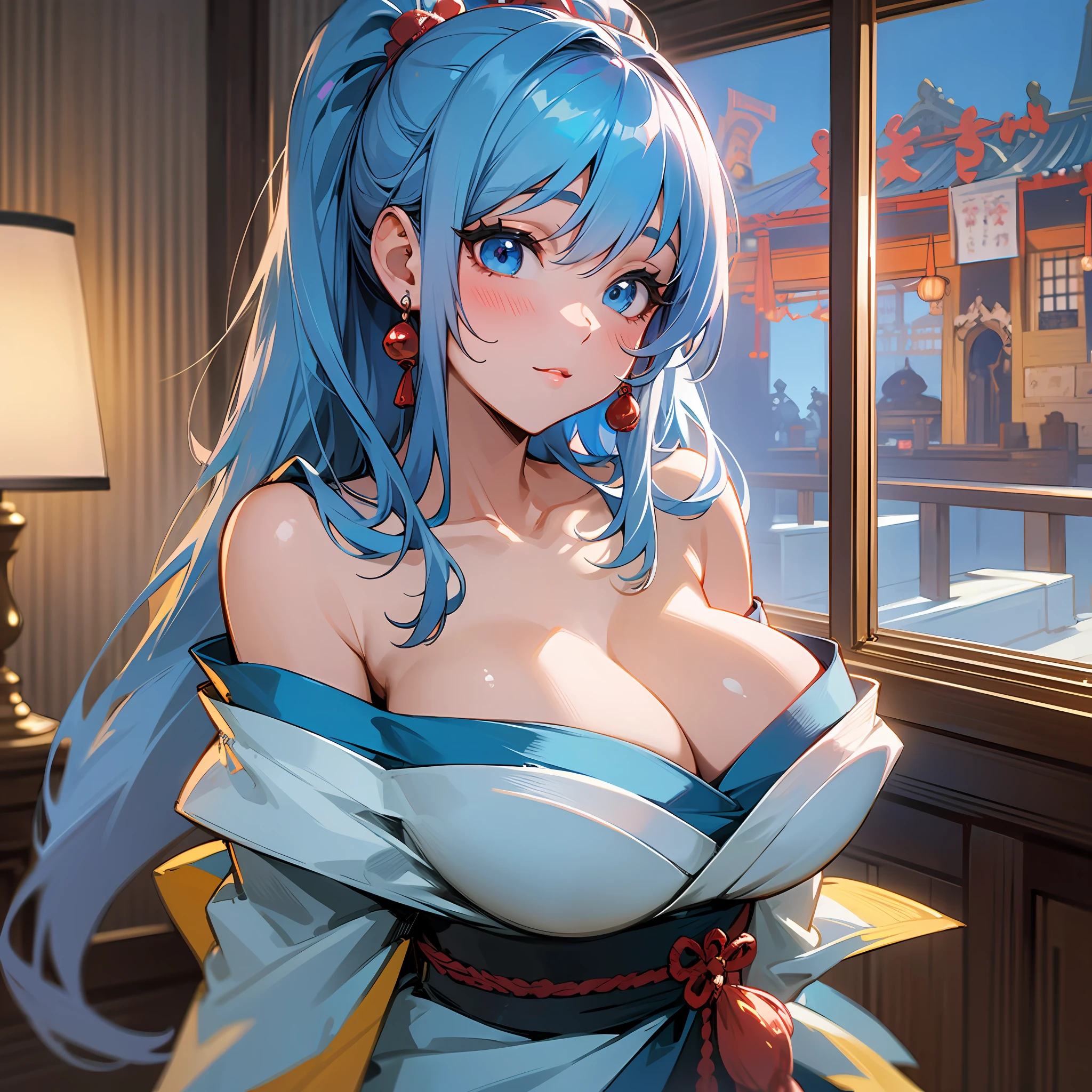 8K、top-quality、Masterpiece、An ultra-high picture quality、ultra-detailliert、Super beautiful、animesque、Ultra-realistic flesh feeling、full bodyesbian、Bewitching look、shave ice、Off-shoulder blue yukata、Beautuful Women、Long blue hair、poneyTail、Blue eyes、shinny skin、Very gigantic-breasts、red lace brassiere、extremely big ass、shinny skin 、The background is a Japanese-style room in the daytime --auto --s2