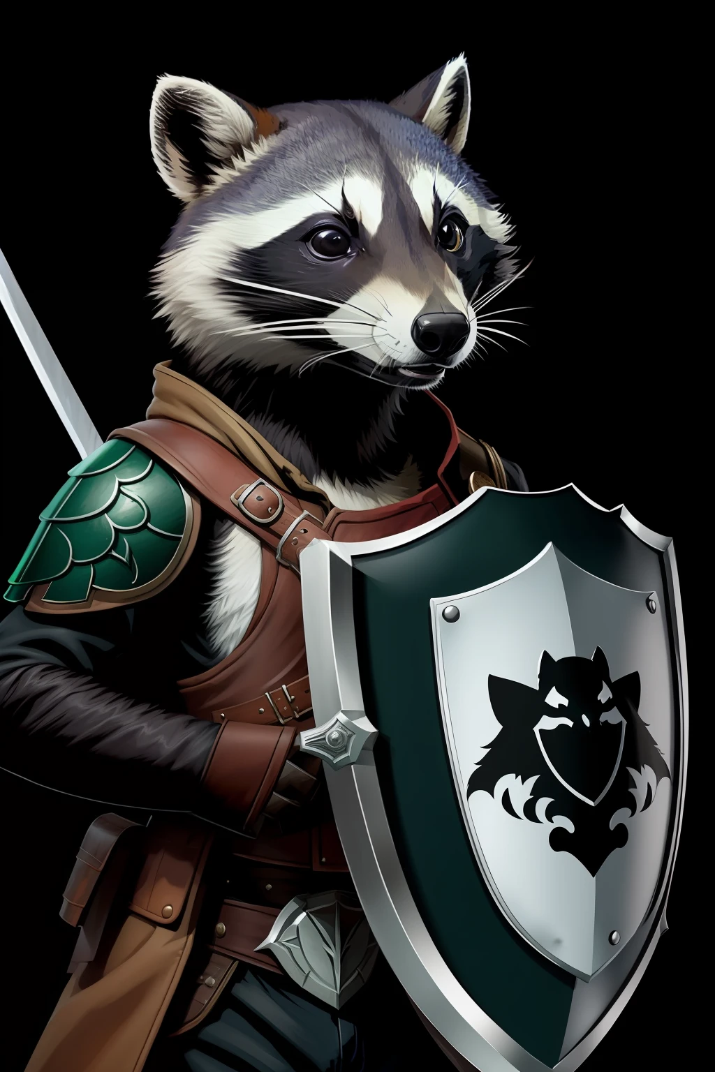 Raccoon with a sword in one hand and a shield in the other with a black and white paint job