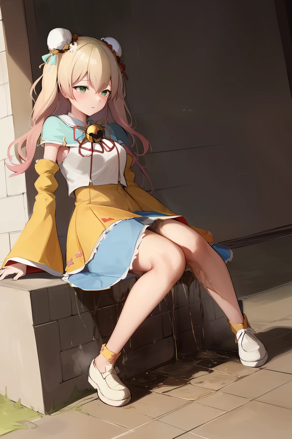 2d, masterpiece, best quality, anime, highly detailed face, highly detailed eyes, highly detailed background, perfect lighting, full body, 1girl, solo, nene_original, bun cover, two side up, bell, ribbon, yellow dress, detached sleeves, blue capelet, blue skirt, white pantyhose, dynamic pose, sad, east asian architecture, ((((her defecation accident)))), ((((her fecal leakage accident)))), concept, pee, peeing self, wetting, wetting self, have to pee, pee stain, in skirt has pee stain,embarrassed, blushing,(girl leaking pee), (Peeing self), have to pee, she peeing to much,(girl is peeing self:1.1) ((pee stain)), worried,puddle of pee at your feet