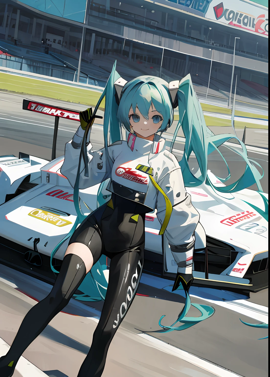 masterpiece,(ultra-detailed),1girl, smile, car, racecar, circuit, racing miku, black bodysuit, cropped jacket, white jacket, long sleeves, two-tone gloves, thigh boots,