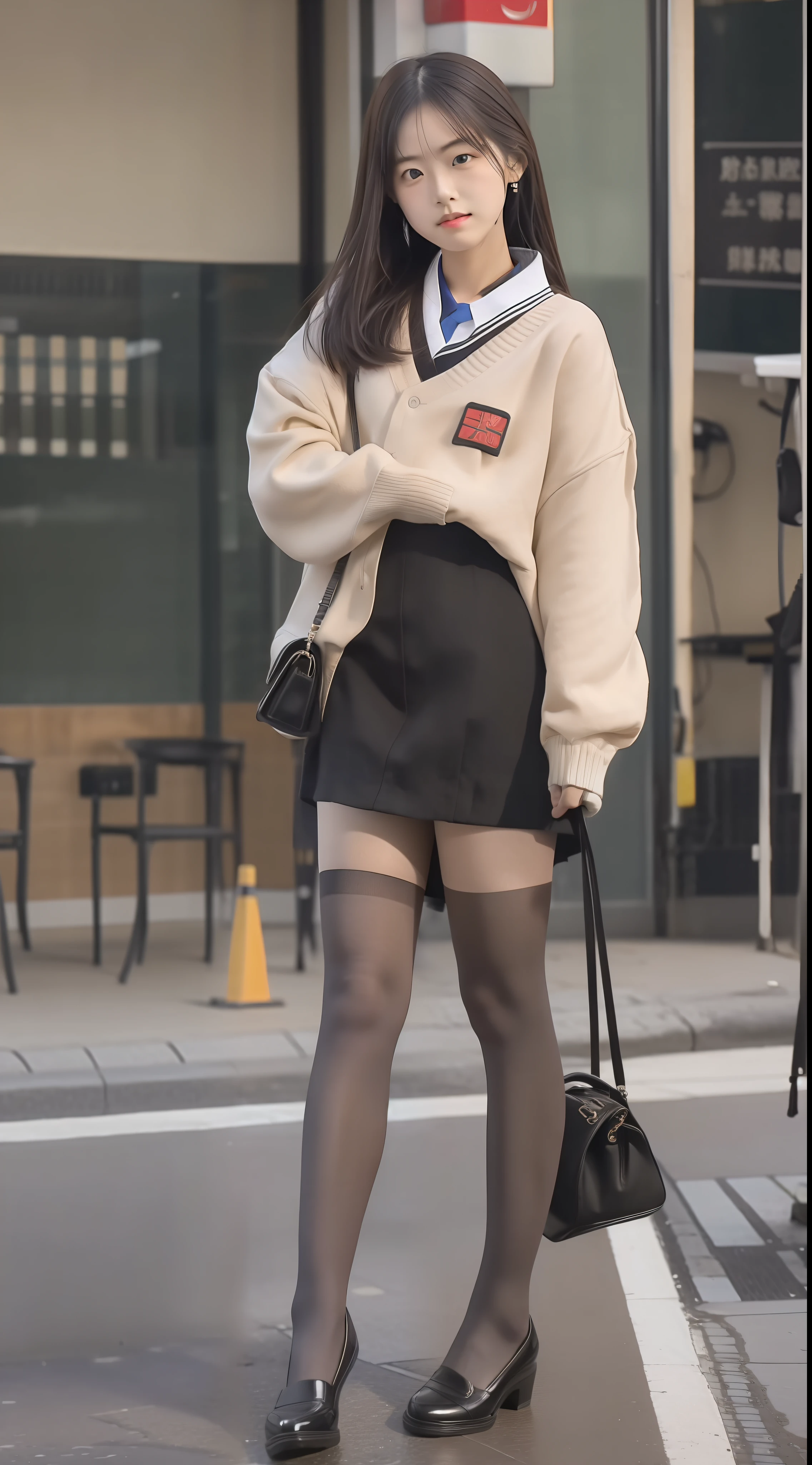 girlfriend, Color scheme, Japanese student uniform, Female Student, Student uniform,High-heeled leather shoes, long leges, (Full Focus:1.3), (Full body shot :2), Must show your face, Must have stockings, Stocking tights, hyper HD, Ray traching, structurally correct, anatomy correct, High detail, Chiaroscuro, Cinematic lighting, Masterpiece, Super detail, High quality, High details, Best quality, 16k, Award-Awarded