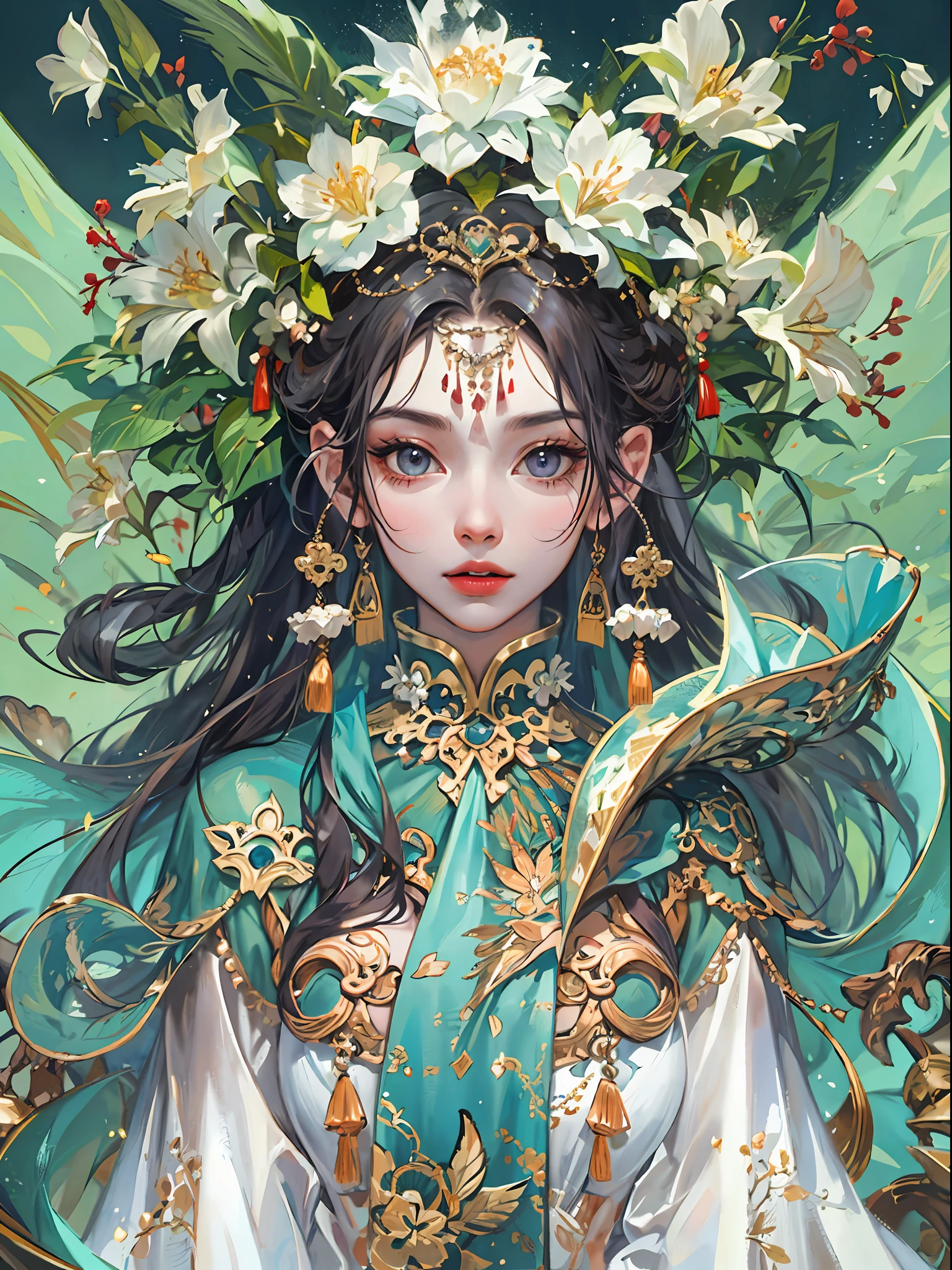 HighestQuali，tmasterpiece：1.2，Detailed details，4K，fairy woman with 4 size chest, with hairstyles and flowers, in the style of influenced by ancient chinese art, subtle realism, he jiaying, dark white and dark aquamarine, Elaborate costumes, Beautiful, with golden brown, purpleish color, dimpled chest, multilayered realism