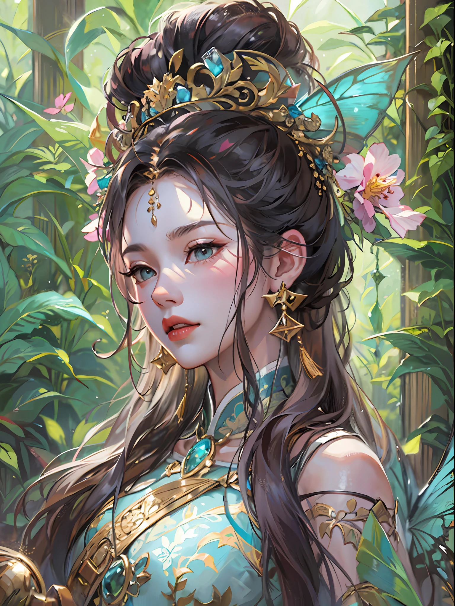 HighestQuali,tmasterpiece:1.2,Detailed details,4K,fairy woman with 4 size chest, with hairstyles and flowers, in the style of influenced by ancient chinese art, subtle realism, he jiaying, dark white and dark aquamarine, Elaborate costumes, Beautiful, with golden brown, purpleish color, dimpled chest, multilayered realism