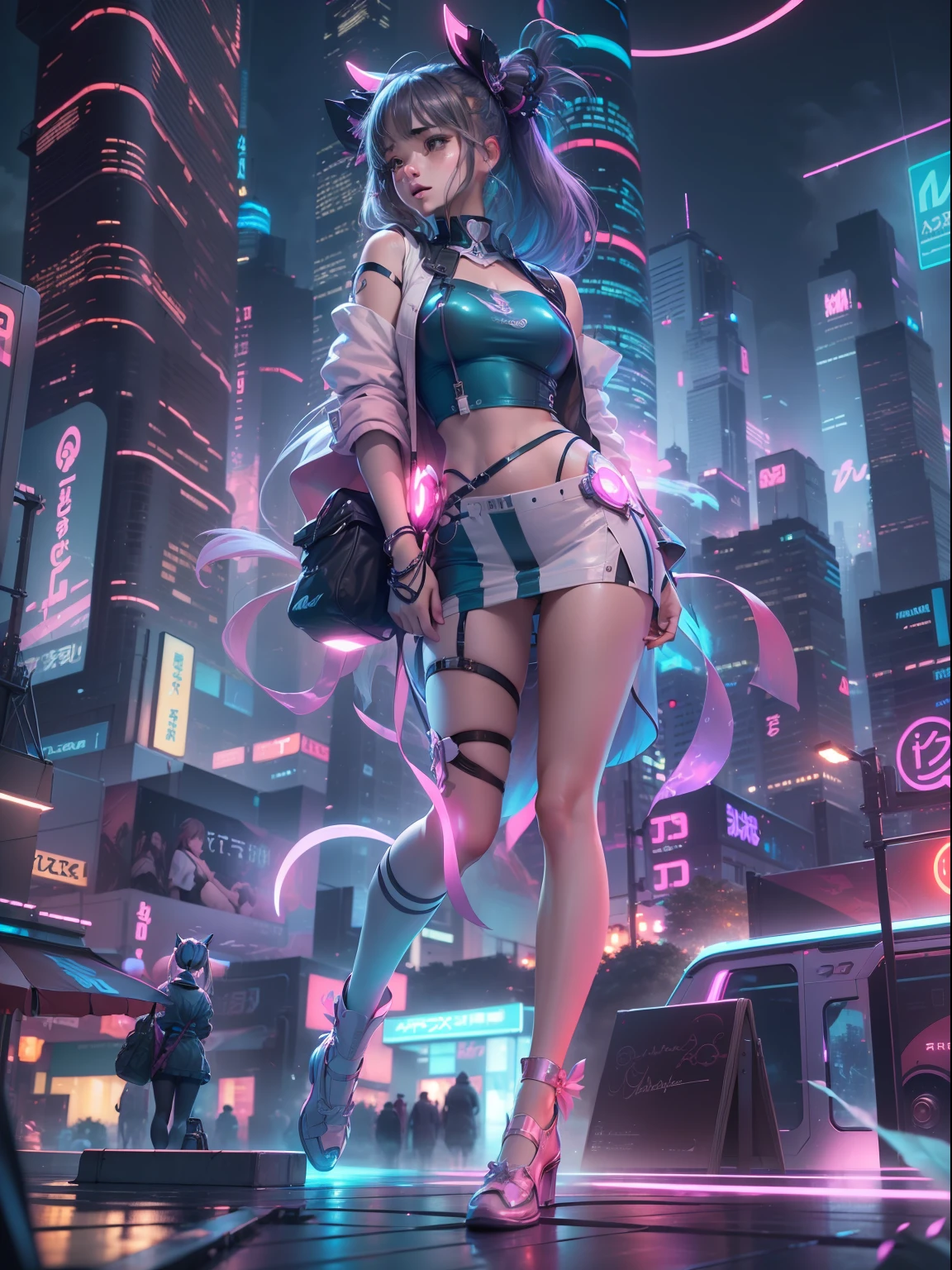 (((​masterpiece)))、(((top-quality)))、((ultra-definition))、(High Definition CG Illustration)、((extremely delicate and beautiful))、City of the Future、Cinematic Light、独奏、full body Esbian、Beautiful Neon Lights、2080s、animesque、Beautiful girl、Twin Tail Girl、trending on artstationh、Rachel Walker、
