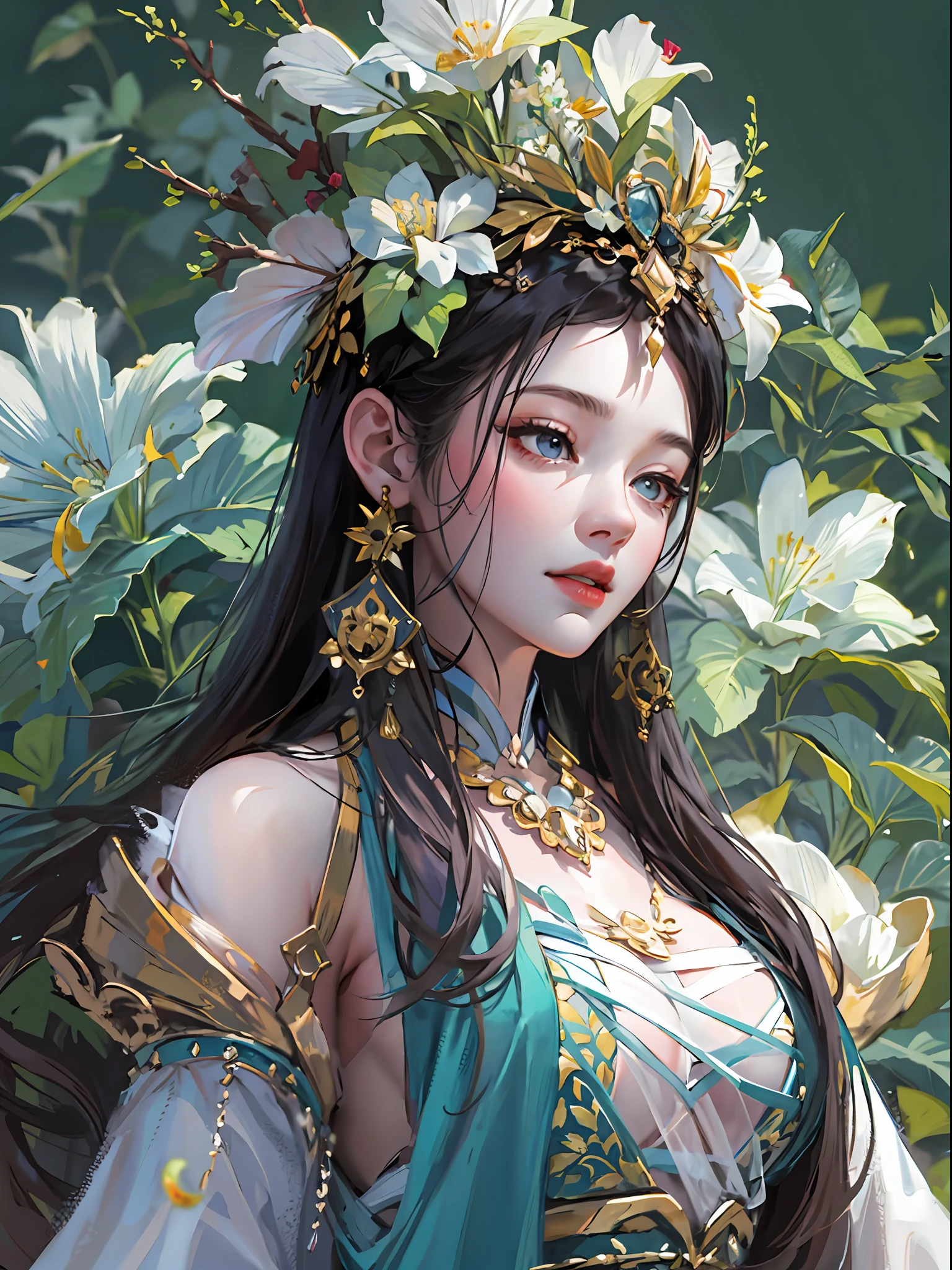 HighestQuali，tmasterpiece：1.2，Detailed details，4K，fairy woman with 4 size chest, with hairstyles and flowers, in the style of influenced by ancient chinese art, subtle realism, he jiaying, dark white and dark aquamarine, Elaborate costumes, Beautiful, with golden brown, purpleish color, dimpled chest, multilayered realism