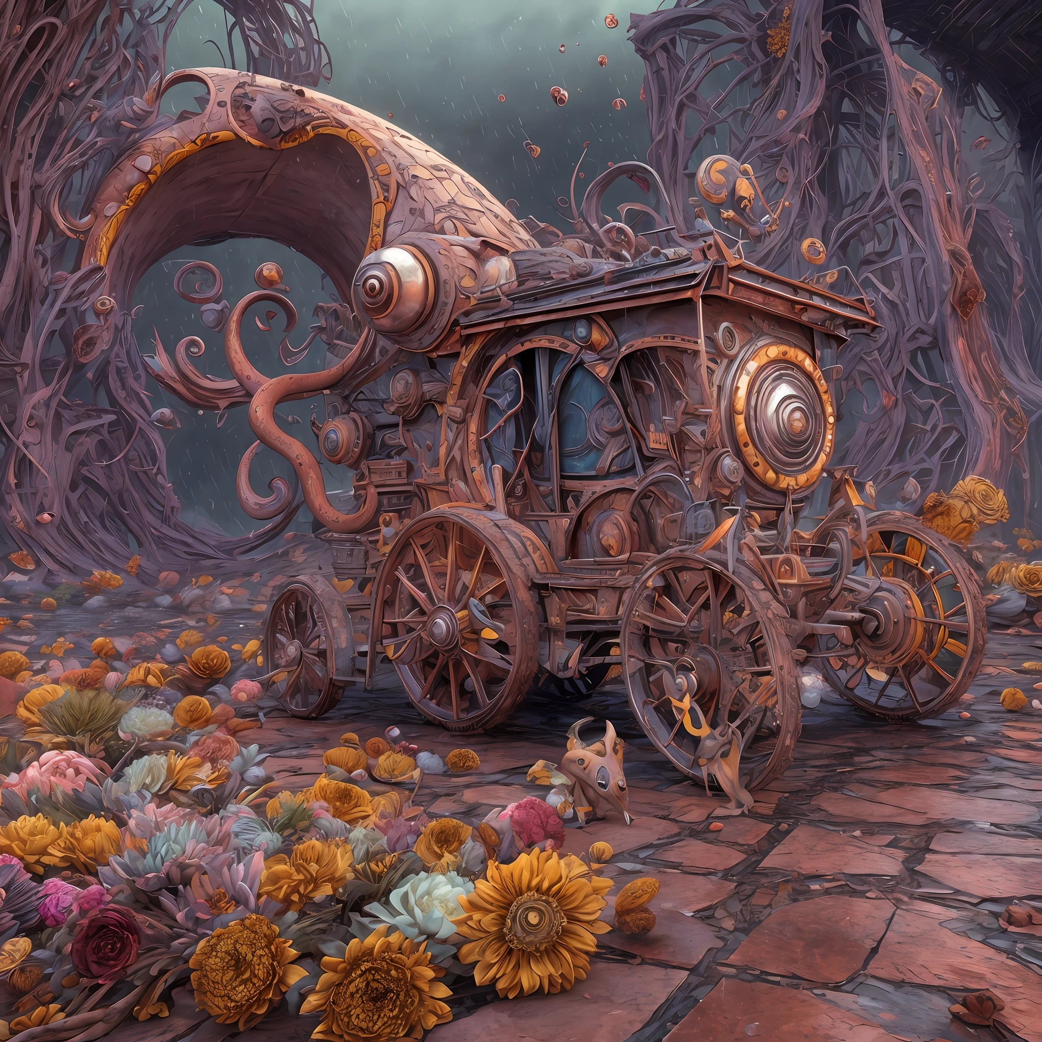 Wantz monster design,intriguing,High color saturation,swirles,Hyper-realistic, Ultra-detailed,Ultra-stereoscopic,MuCoi,Drip style - paint - 1900,tentaculata,round eye,Digital art by Ray Caesar and Hannah Hch and Stephen Burrows, A beautiful young woman in action pose, centered in frame, Wide shot, Lively breasts, Mask, Pop surrealism, neo-dada, Spectacular, spectacle, Masterpiece, Private collection, Featured collections, behans, a 3D render, Cracked clay, Gothic, Bright colors, Supersaturation, Depth, spirals, fibonacci sequence, shells, Flowers, gear wheel, tunnel, surreal environment, Fractal geometry, game assets, City scene, Modern makeup, Long eyelashes, Rain drops, Chiffon dress, Rococo, bangle, Punk rock, Subversive art, Dirty, Dirt, Skiff, Mid-cut jeans, Specular highlights, Pondering, ambient occlusion render, Detailed, Parade Square, ((isoline)), armature, Detailed, elaborate, complex, Desert, Mountains, Cart, The Car, Stormy sky, Moonlight