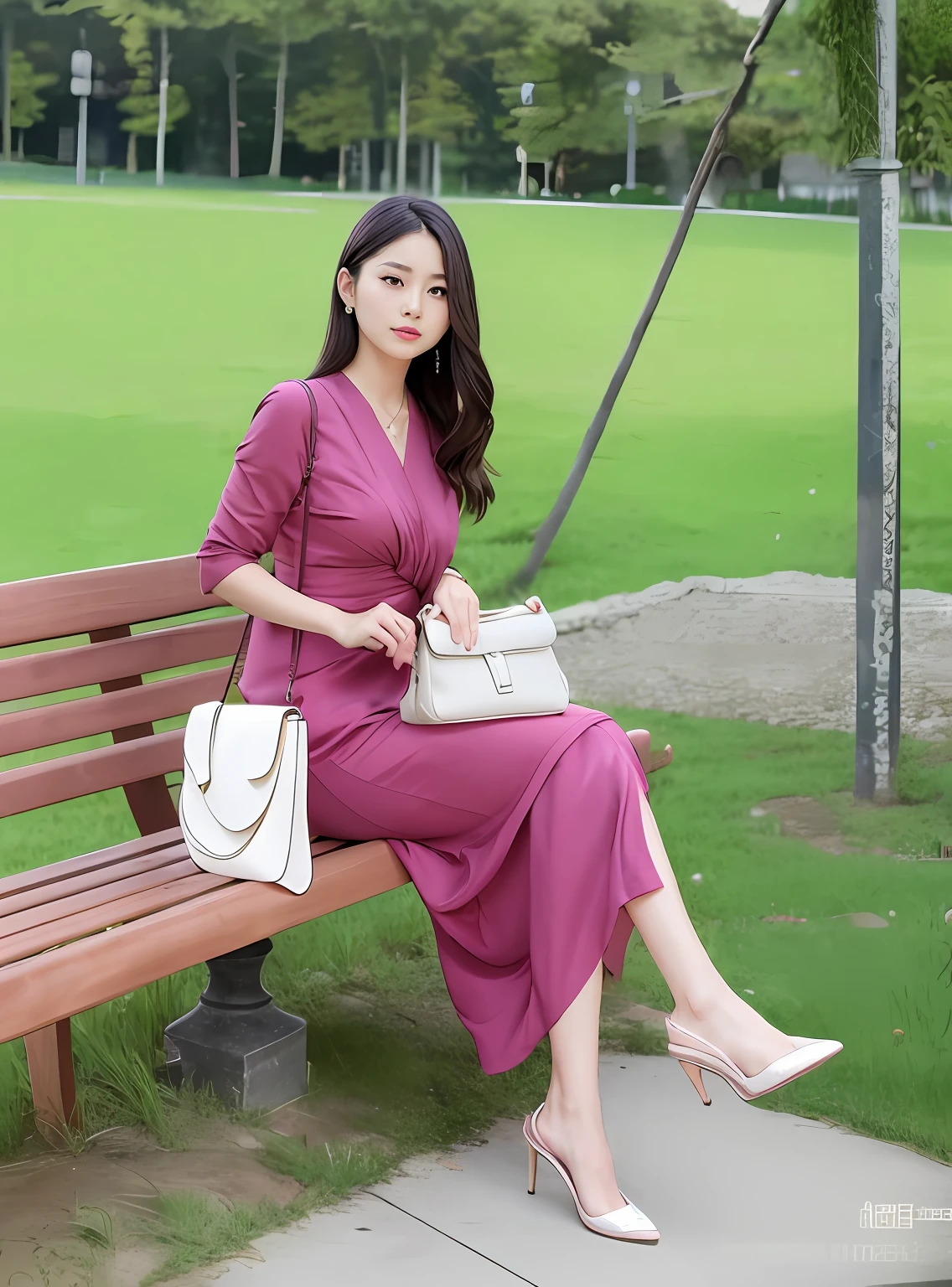 The woman sits on a bench，Hold the bag and purse, Women's long skirt, soft silk dress, Elegant Pose, korean women's fashion model, Gorgeous lady, Elegant lady, cute elegant pose, beautiful lady, woman model, Dressed in elegant dresses, Lady, Elegant dress, photoshoot, in long pink or violet dresses, bautiful, Long dress, Actress