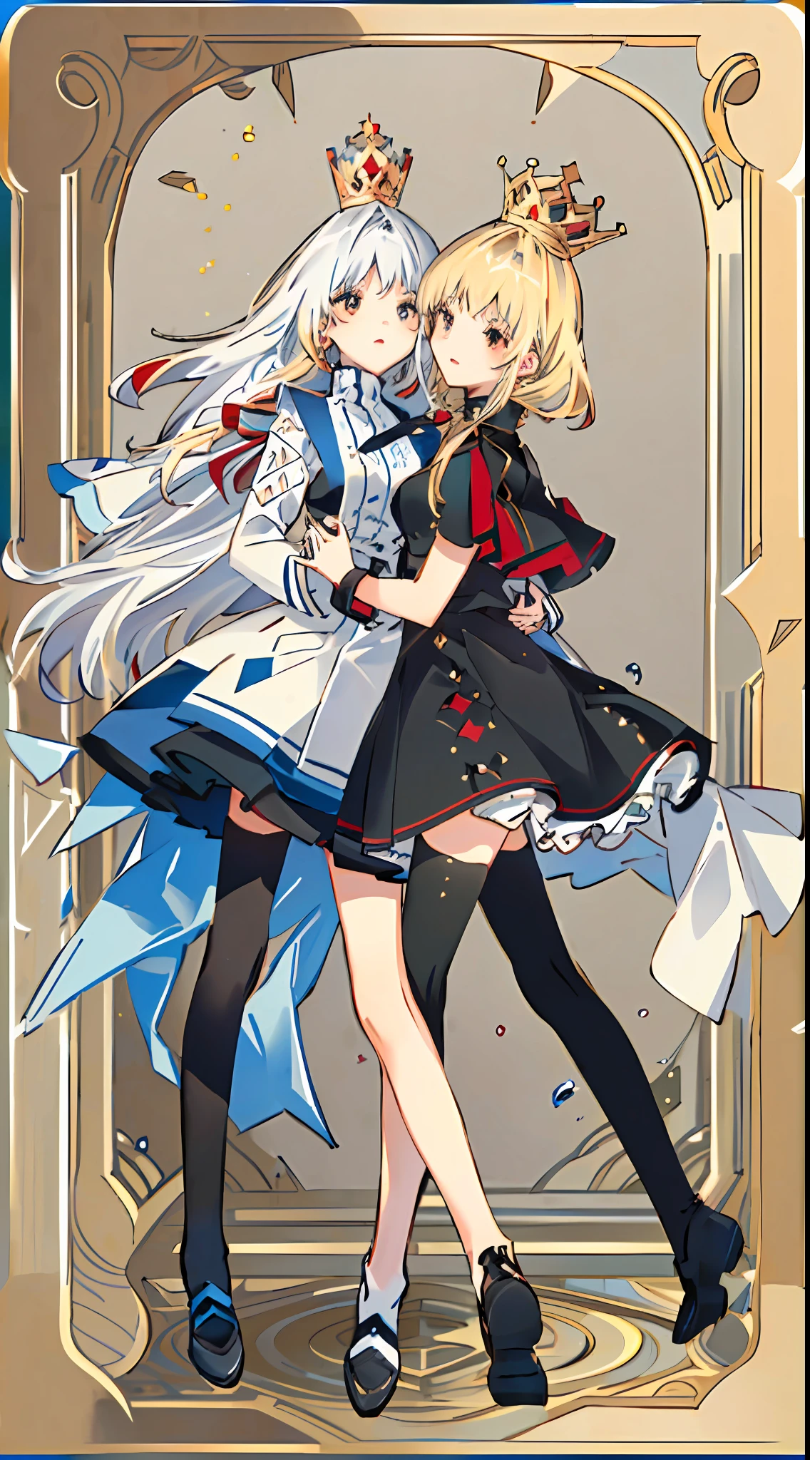 (((The two girls on the left and right hugged each other))),(Be red in the face),((The girl on the left has long white hair and red pupils,The girl on the right has long blonde hair;The flat-chested girl on the left is dressed in black, The girl with breasts on the right is dressed in white ;On the left is the queen of the Empire of Social Fear,On the right is the cold god;The girl on the left is bare-legged,No stockings,The girl on the right is wearing black stockings)),Stand upright,face expressionless,best qualtiy,(Royal Sister),Highest image quality,The finest details,((well detailed face)),(The characters are the main part)