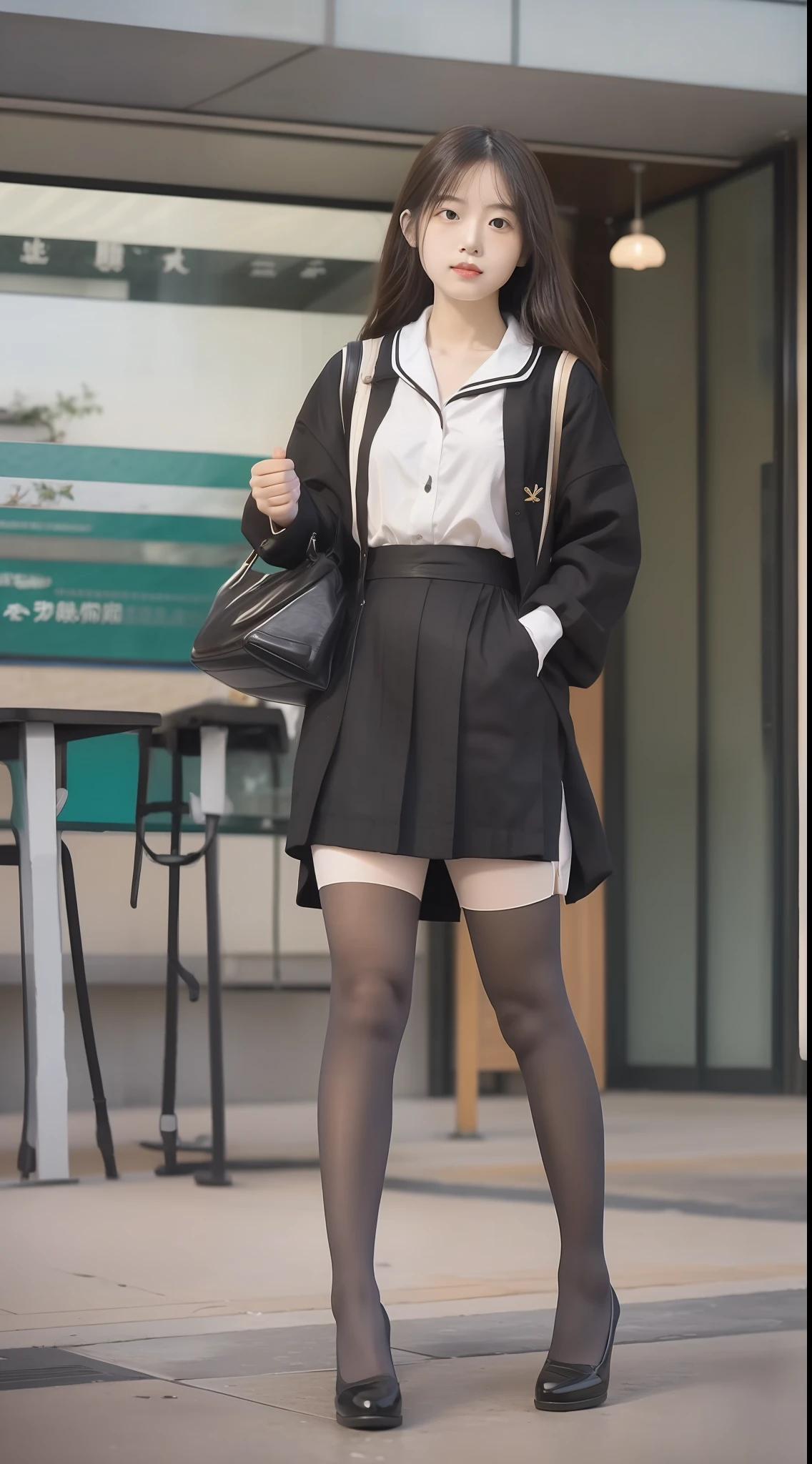 girlfriend, Color scheme, Japanese student uniform, Female Student, Student uniform,High-heeled leather shoes, long leges, (Full Focus:1.3), (Full body shot :2), Clothes in satin material,Polishing of clothes,Must show your face, Must have stockings, Stocking tights, hyper HD, Ray traching, structurally correct, anatomy correct, High detail, Chiaroscuro, Cinematic lighting, Masterpiece, Super detail, High quality, High details, Best quality, 16k, Award-Awarded
