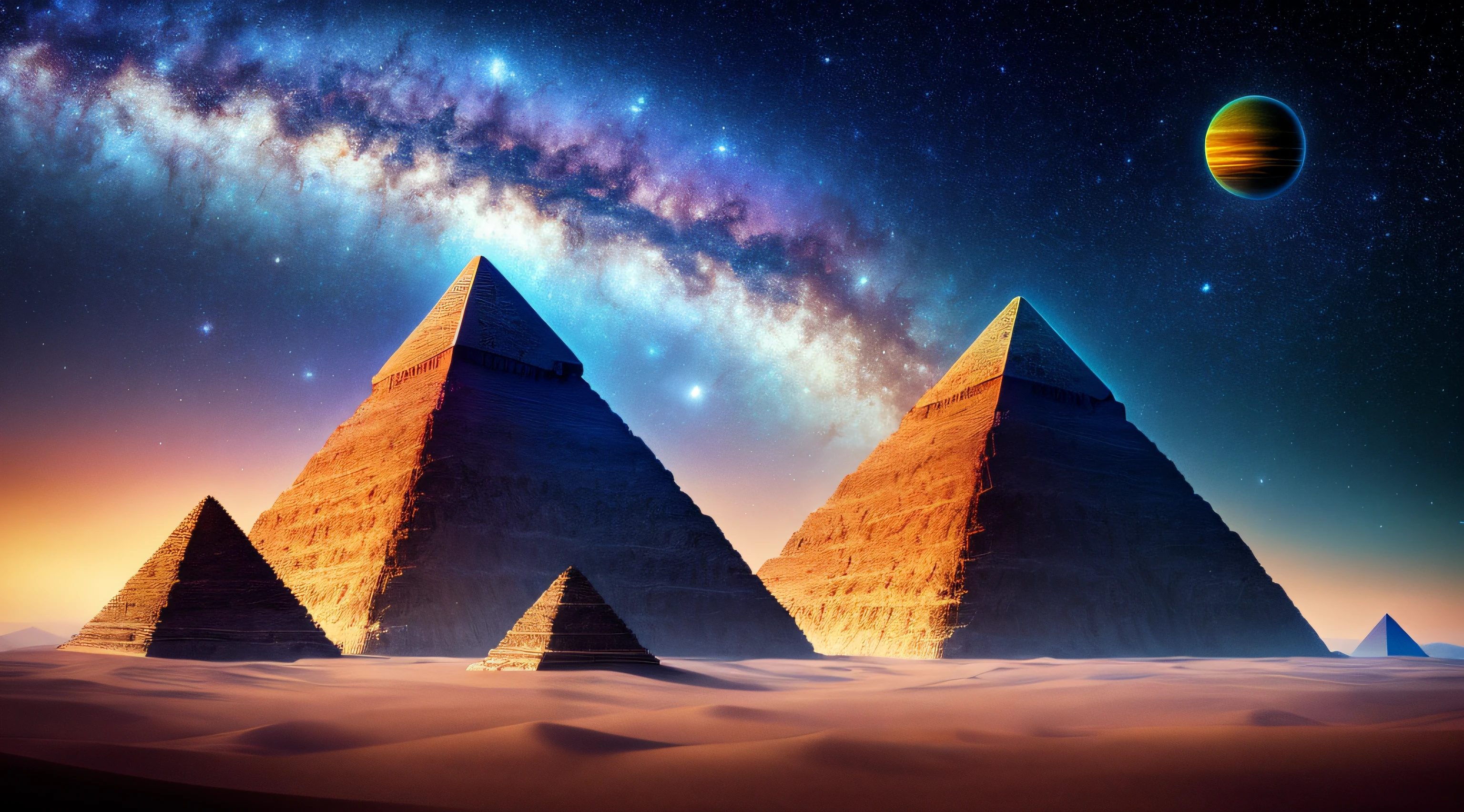 masterpiece, best quality, high quality, extremely detailed CG unity 8k wallpaper, Depth of Field, HDR,,Photorealistic, extremely detailed, Intricate, High Detail, pyramid on an alien planet showing a sky with galaxies and nebulae, deep space, astronomical objects