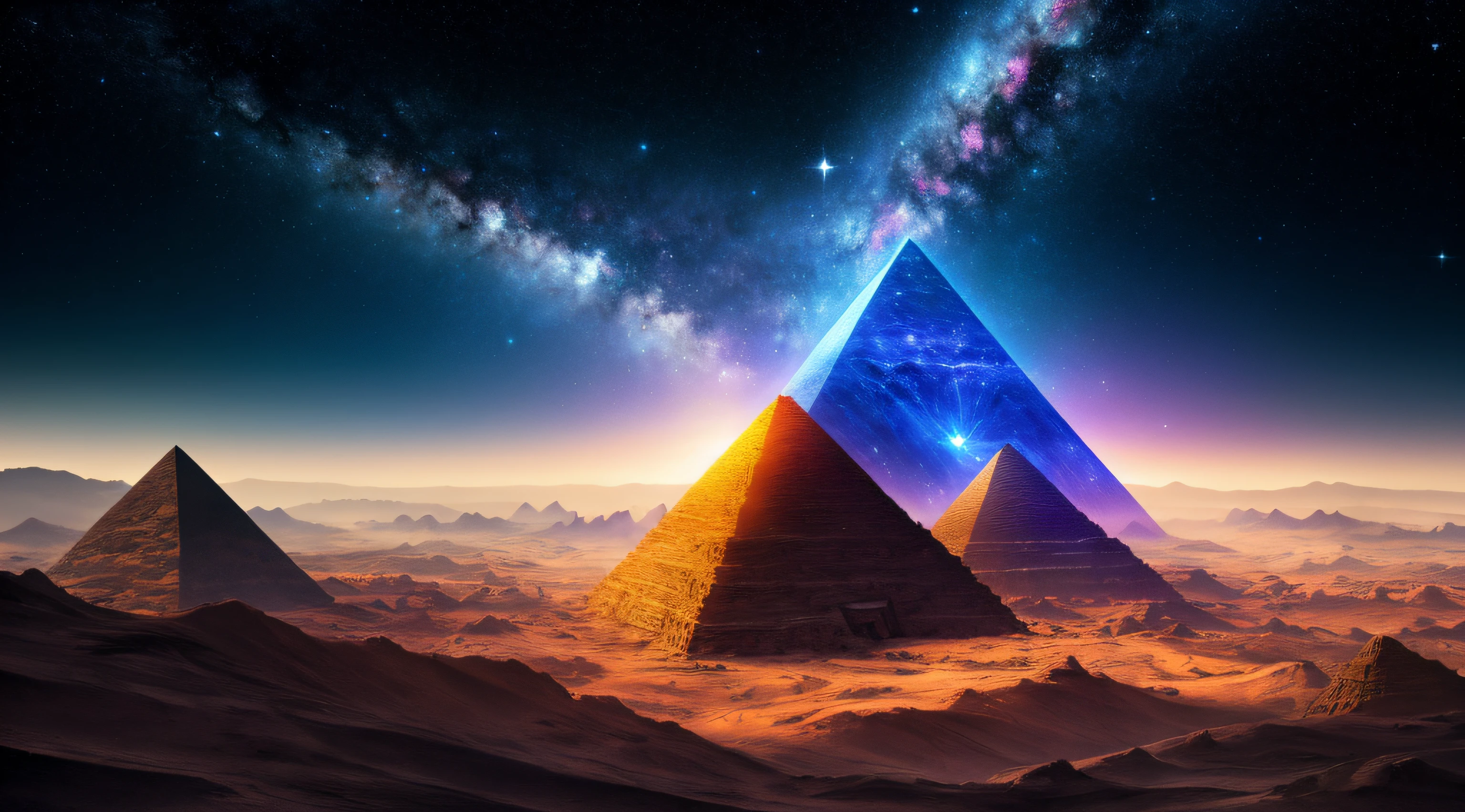 masterpiece, best quality, high quality, extremely detailed CG unity 8k wallpaper, Depth of Field, HDR,,Photorealistic, extremely detailed, Intricate, High Detail, pyramid on an alien planet showing a sky with galaxies and nebulae, deep space, astronomical objects