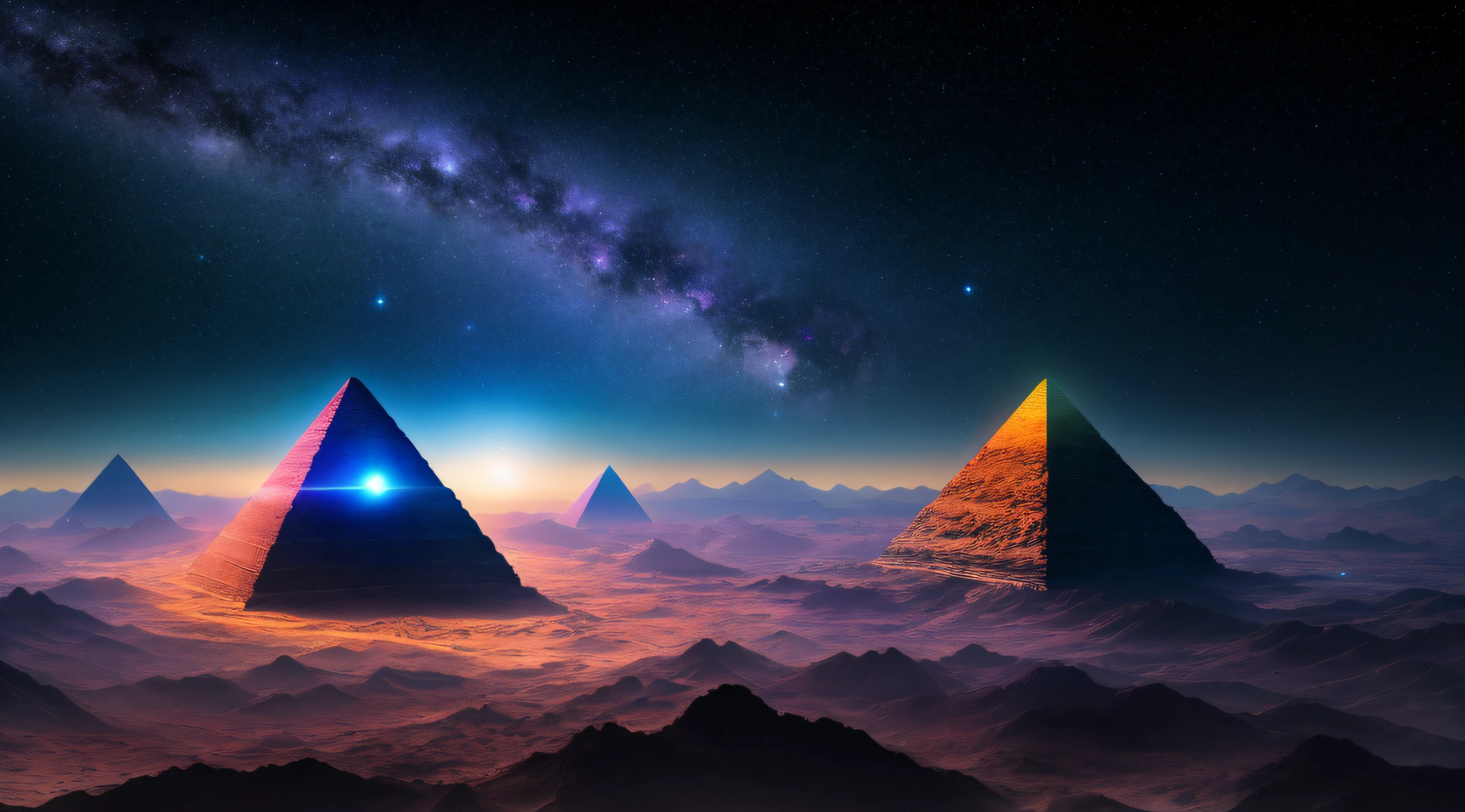 masterpiece, best quality, high quality, extremely detailed CG unity 8k wallpaper, Depth of Field, HDR,,Photorealistic, extremely detailed, Intricate, High Detail, pyramid on an alien planet showing a sky with galaxies and nebulae, deep space, astronomical objects