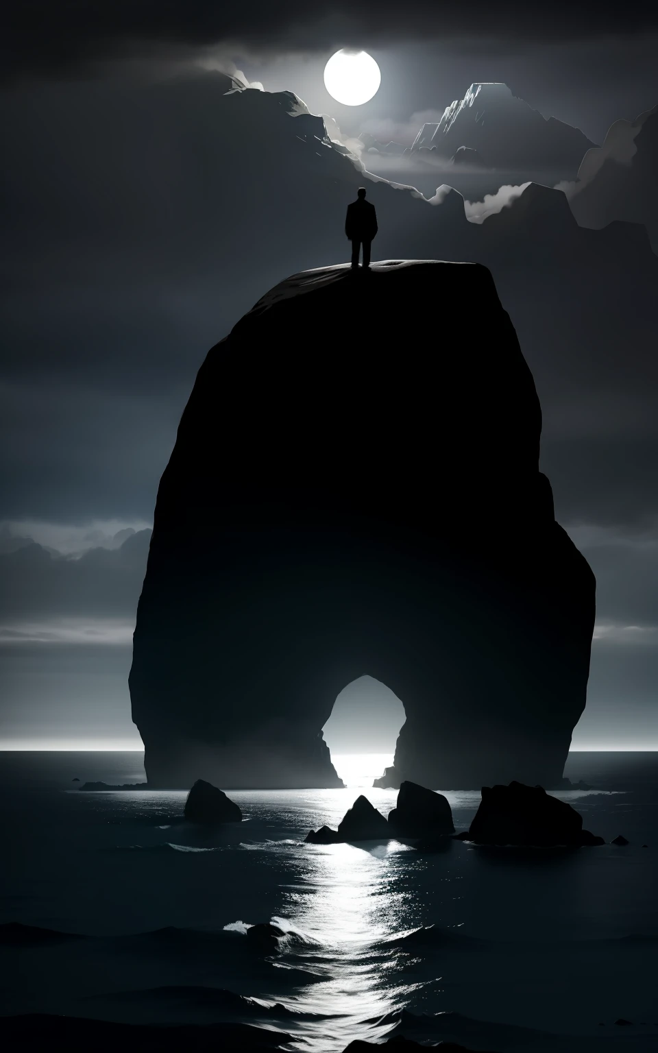 two huge rocks in the middle of the ocean, they are parallel like a portal, and there is a dense fog around, without sunlight, with the silhouette of a man on top of a rock, seen from afar