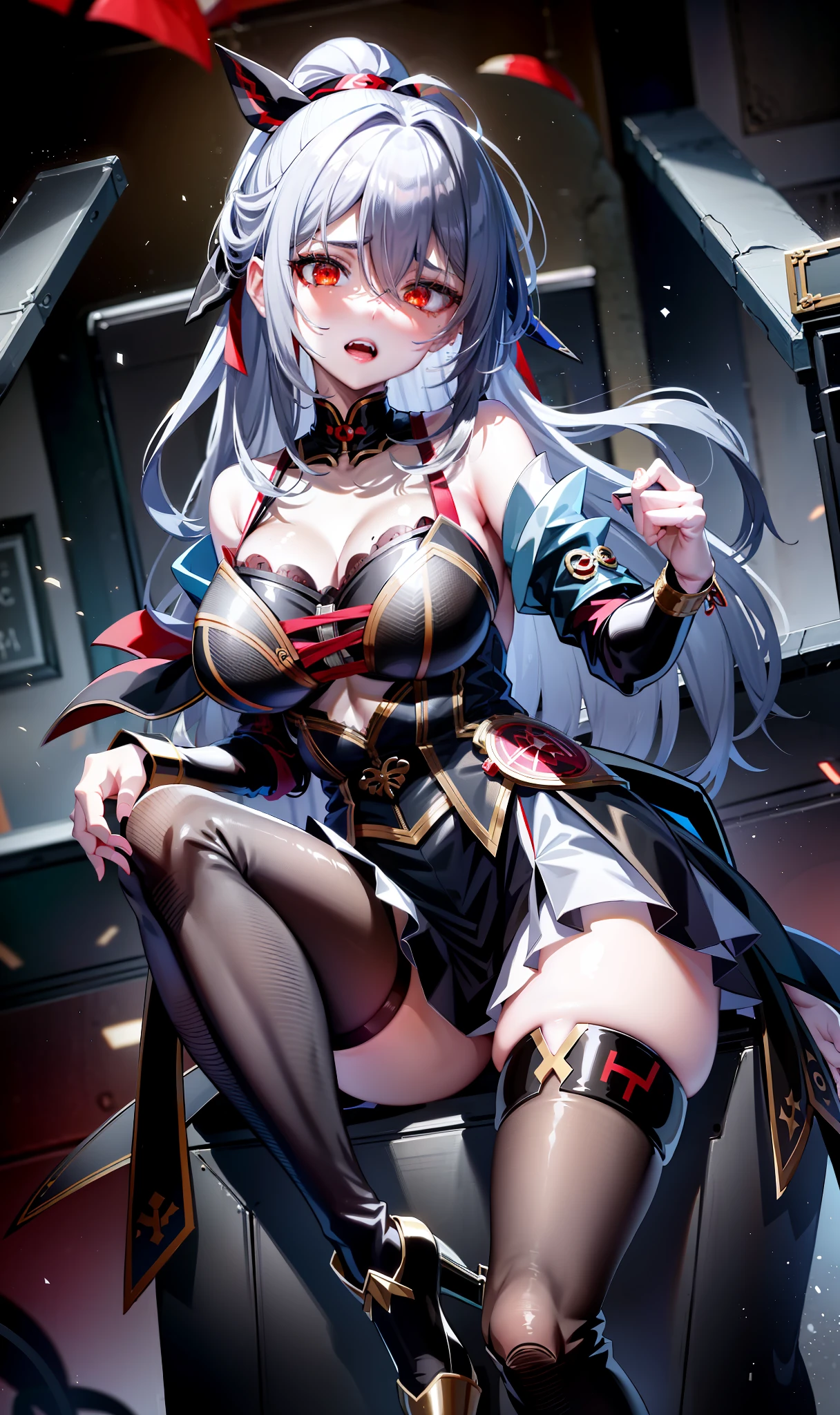 Anime girl with black hair and red stockings sitting in chair, seductive anime girls, gapmoe yandere grimdark, Fine details. Girl front, from girls frontline, demon anime girl, Guviz, author:Hosomura Kane, noire, Badass anime 8 K, Guweiz in Pixiv ArtStation, Best anime 4k konachan wallpaper