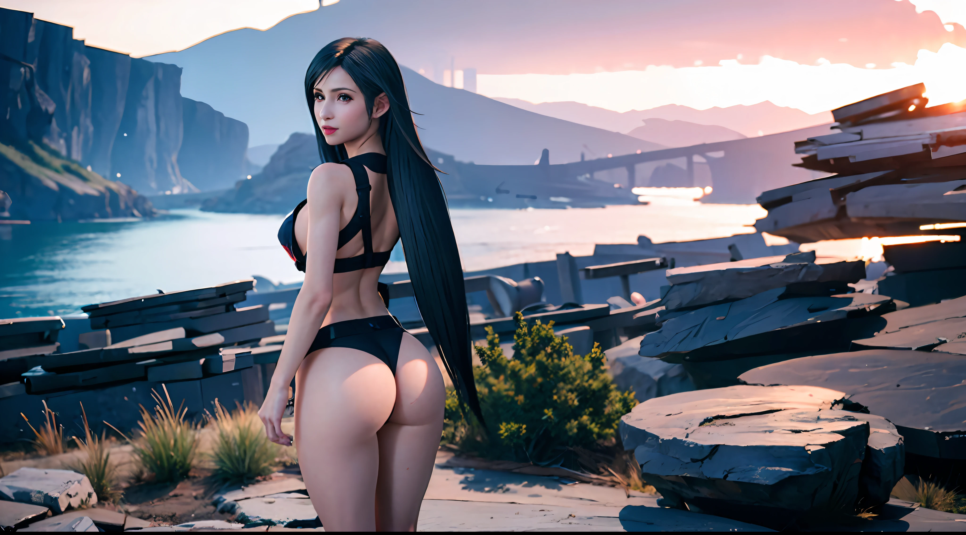 1 girl, masterpiece, tifa, from behind, rear shot closeup, full body. sexy, looking back to camera, panties, big butt, stunning view, butt focus