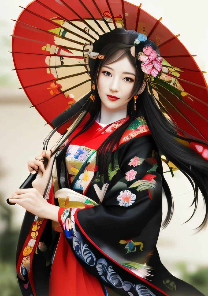 A dark-haired、Woman in kimono dress with umbrella and flowers, ancient chinese princess, flower garden