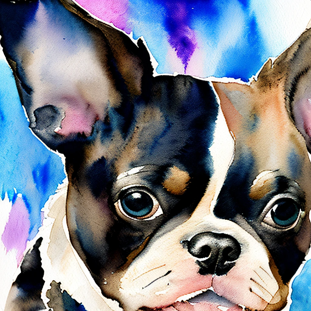 wtrcolor style, digital art (brindle Boston Terrier puppy character), official art, frontal, smile, masterpiece, beautiful, (((watercolor)), face paint, paint splatters, intricate details. Highly detailed and detailed eyes, [Drip: 0.5], artstation trends, by Rachel Walker