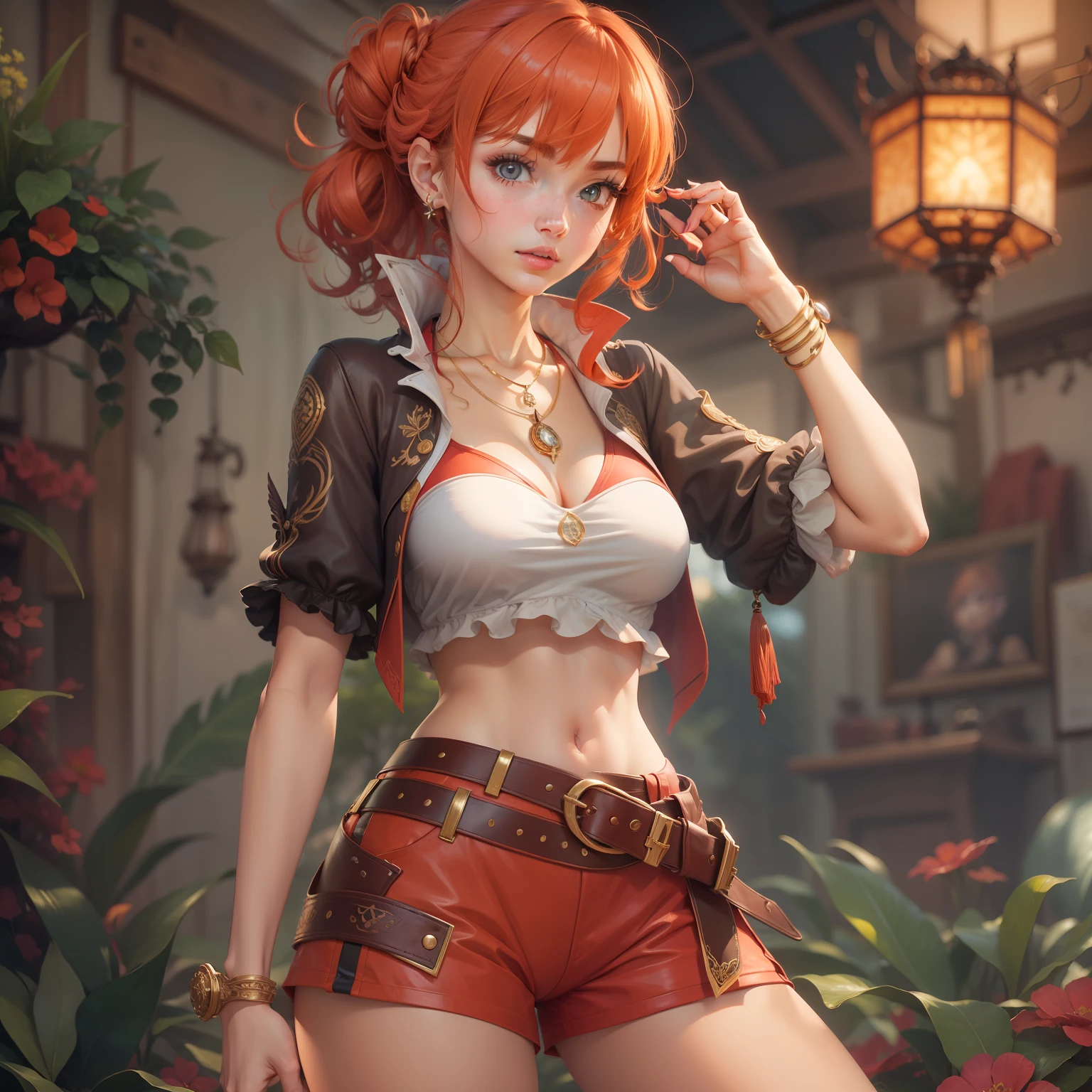 Masterpiece, Top Quality, Anime, Perfect Lighting, Elaborate Eyes, Elaborate Face, Elaborate Background, Good Hands, Full Body, One Girl, (Coral Coast), Coordinated Posture, Detailed Hands, (Skindentation: 1.3), (Realistic Face: 1.2), (8K), (4K), Detailed Eyes, Fantasy, Very Elaborate, Detachable Sleeves, Red Hair, Shorts, Women's Hairstyles, Masterpieces, Top Quality, Anime, Perfect Lighting, Fine Eyes, Detailed Face, Elaborate Background, Nice Hands, One Girl, Bangs, (White Bra, Calluses), (Watching Viewer, Upper Body, Solo Focus, Portrait, Cleavage, Big Breasts, Necklace, Bikini Top, Bikini Bottom), Arm Back, Bottomless, Micro Panties, Topless, Crop Legs