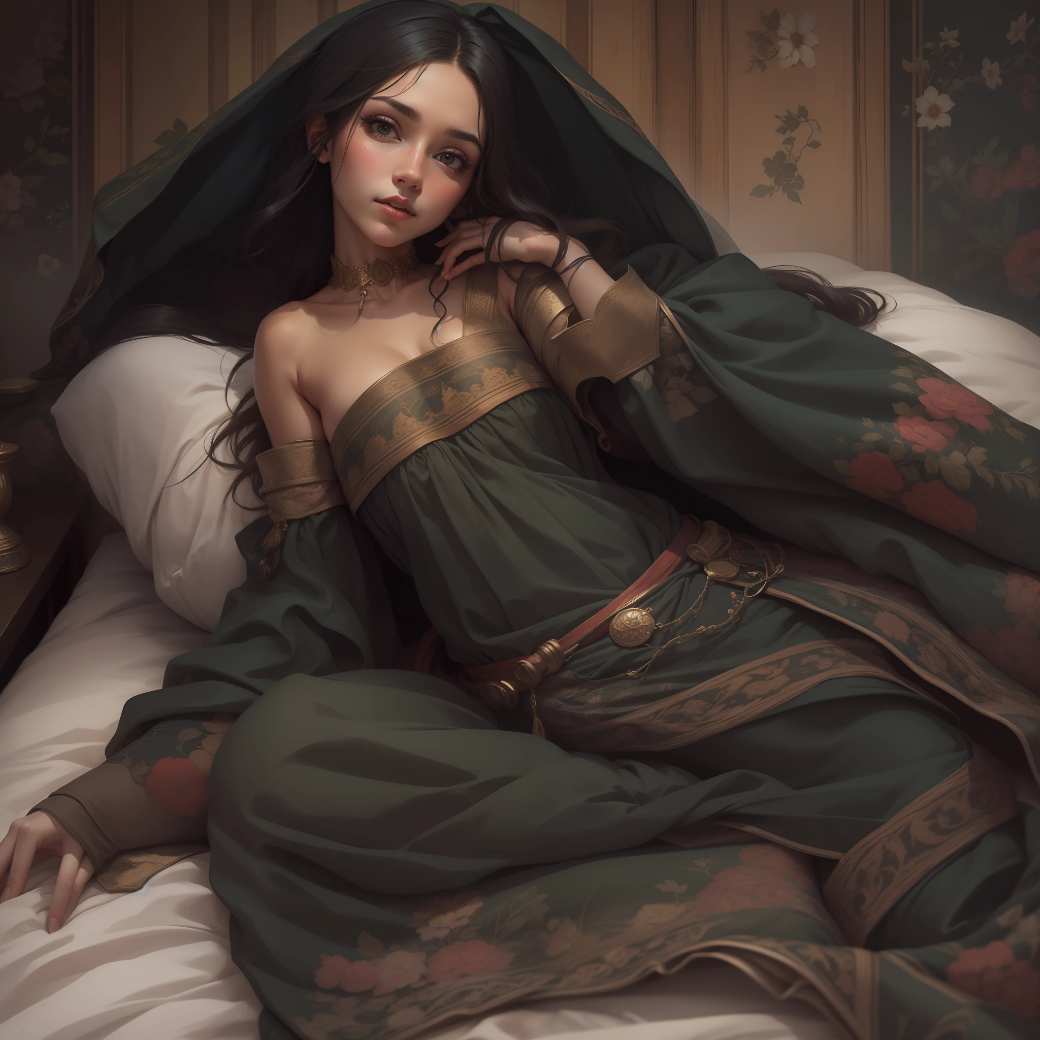 Uma mulher de cabelos pretos longos com franja deitada em uma cama seminua, Arte de Fantasia, alto detalhe, imagem de corpo inteiro, imagem em alto detalhe, medieval