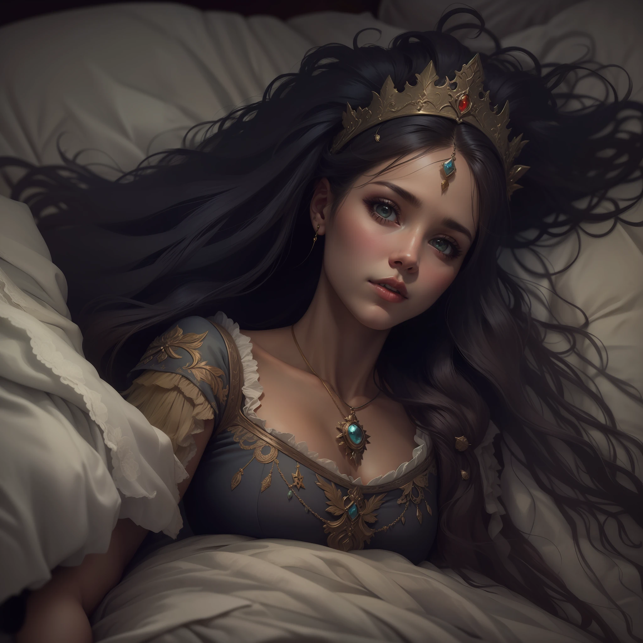 Uma mulher de cabelos pretos longos com franja deitada em uma cama seminua, Arte de Fantasia, alto detalhe, imagem de corpo inteiro, imagem em alto detalhe, medieval