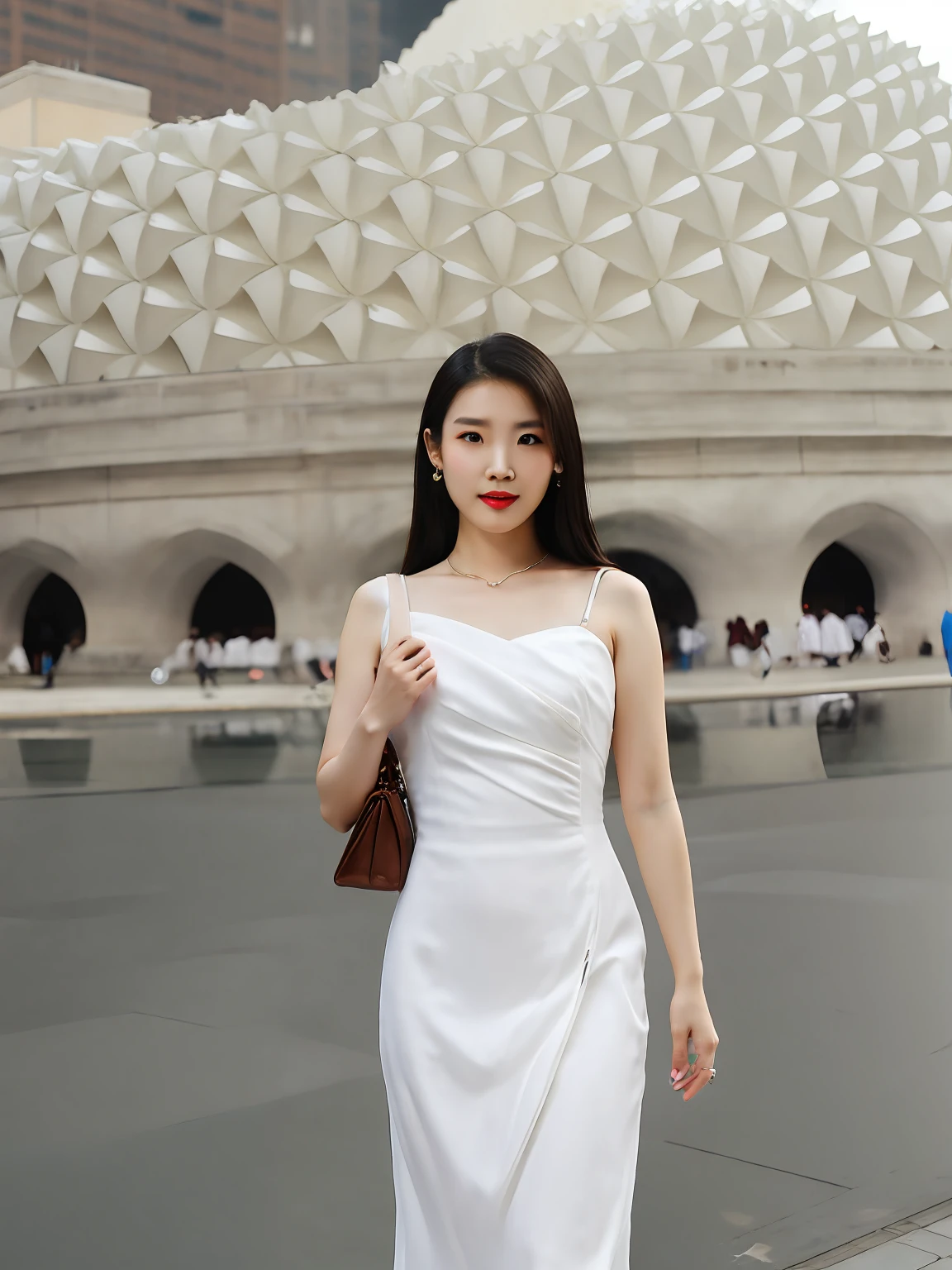 A lady. araki, Wearing a white dress, Stand in front of the building, wenfei ye, xintong chen, 2 8 years old, 30 year-old woman, 3 0 years old woman, Zhang Wanting, chengyou liu, wenjun lin, 2 9 years old, Lu Ji, mingchen shen, xue han, jinyiwei, xision wu