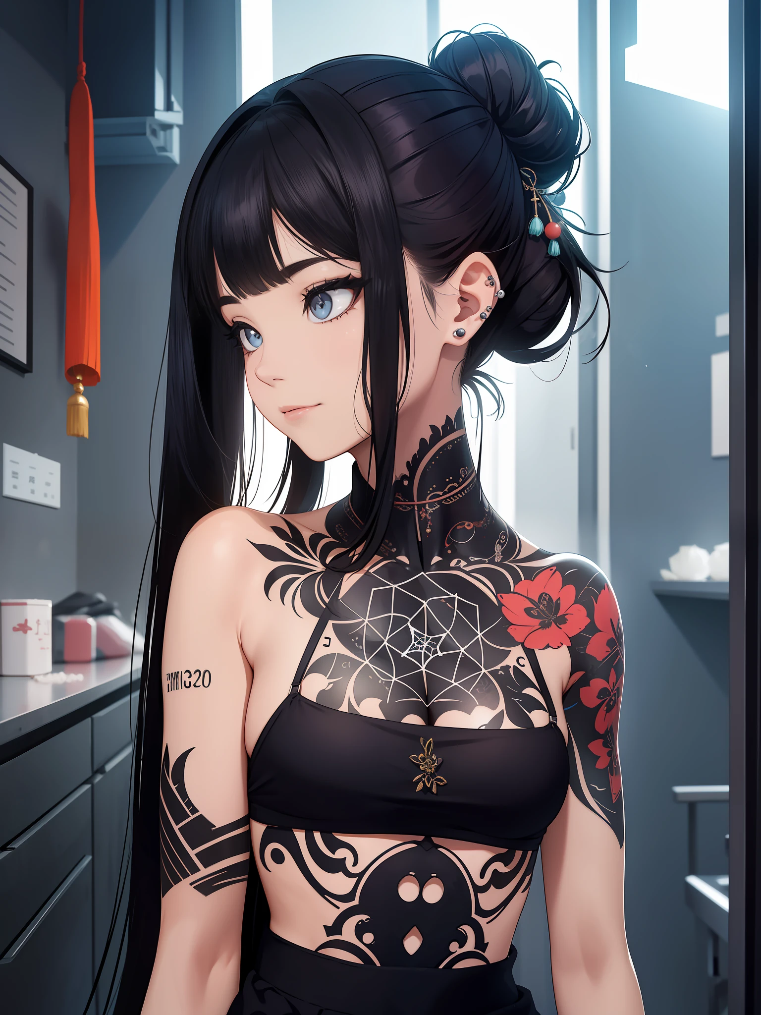 (obra-prima melhor qualidade: 1.4), 1girl, (Chinese text tattoo: 1.5), solo, flores de cabelo, cabelo longo, olhos azuis, olhando para o espectador, mid chest, tatuagem, cabelo preto, borla, ombros nus, mecha, franja, parte superior do corpo, brincos, dentro de casa, nuca, fora do ombro, joias, Cilia, labia, perfil, coque de cabelo, piercing, single hair bun, a geometric minimalist wolf forming a strings of dream catcher tattoo