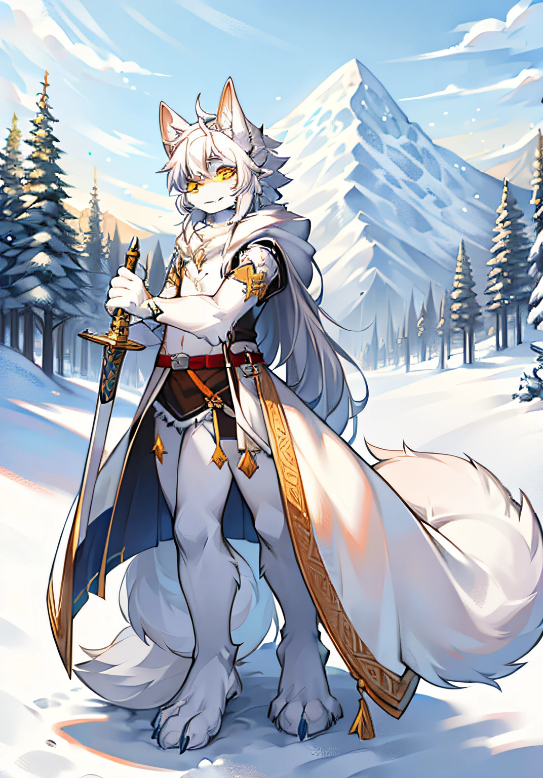 snow mountains,Full Body Furry,white color hair,Yellow eyes,,Small body,shaggy,large tail,holdingsword,posing on a,bitter cold,practice,Canidae,