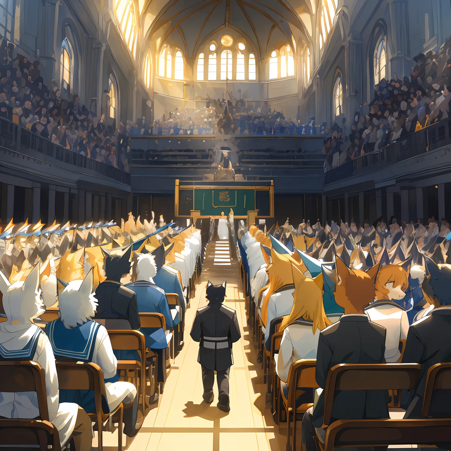 dynamic angle, top quality, best quality, High-quality illustrations, masterpiece, super high resolution, detailed background, detailed background, School Graduation Ceremony, group shot:0.1, 6+boys, 6+girls, absurdres(highly detailed beautiful face and eyes)perfect anatomy, expression, good lighting, cinematic shadow(kemono, furry anthro),