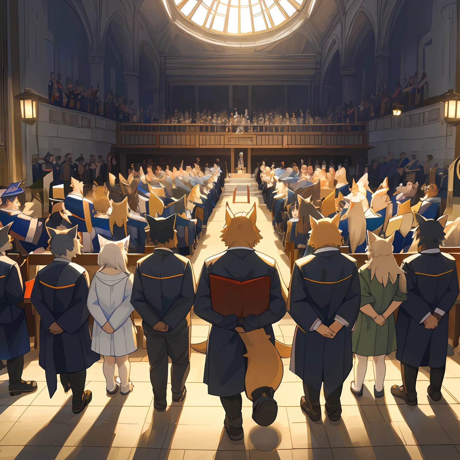 dynamic angle, top quality, best quality, High-quality illustrations, masterpiece, super high resolution, detailed background, detailed background, School Graduation Ceremony, group shot:0.1, 6+boys, 6+girls, absurdres(highly detailed beautiful face and eyes)perfect anatomy, expression, good lighting, cinematic shadow(kemono, furry anthro),