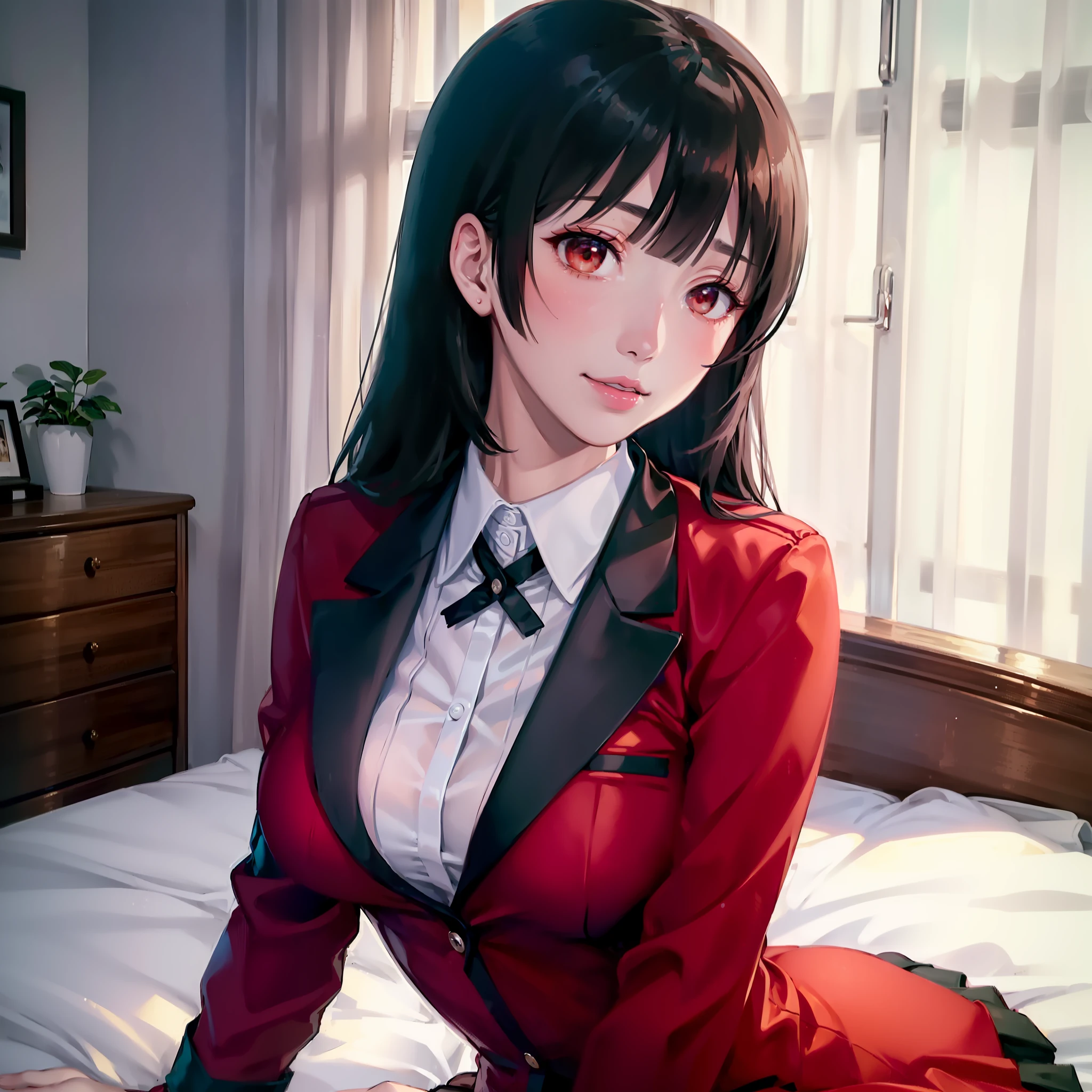 (((corpo inteiro))), Yumeko Jabami de Kakegurui, relaxando de costas na cama, saia, meias pretas, uniforme vermelho, cabelo preto longo, (retrato realista)