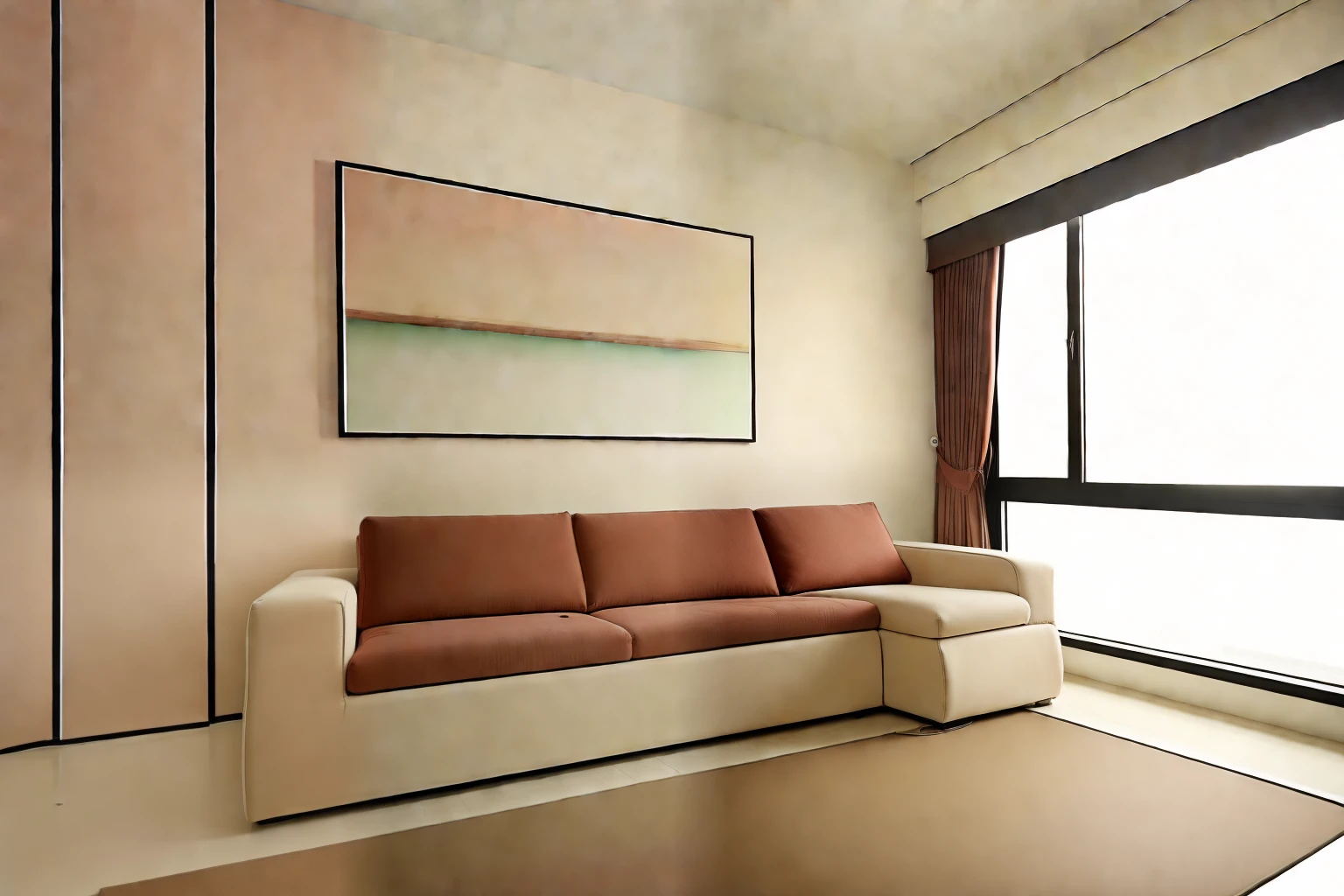 （tmasterpiece），（liveroom），8k，Red fabric sofa，Brown coffee table，Pink carpet，Pink background wall，There are art paintings on the walls，Green potted plants，（pastel colour：1.2）