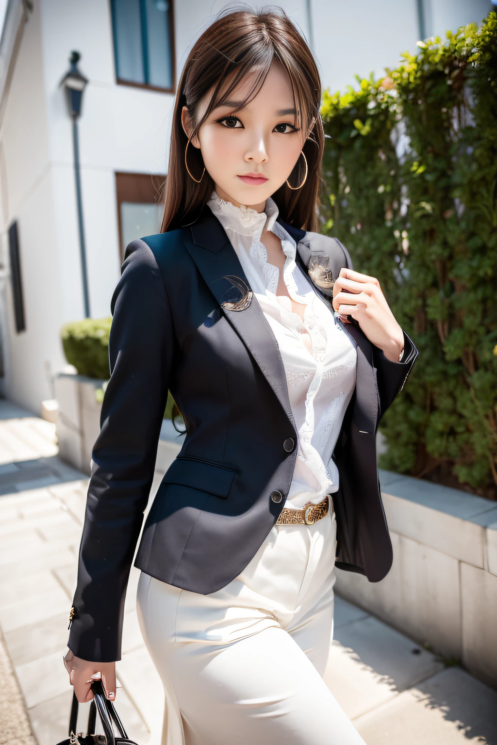 1girll,(Numerical portrait:Sun Ye-jin,Han Jiaren),黑The eye,Beautiful face,(Face with a thin skeleton+s delicate face),hyperdetailed face,(Delicate Japanese makeup), ssmile,looks into camera,(鎖骨:1.2),(mediuml breasts:1.21),(Natural breasts,Bumps),Long hair micro-curls,(Messy and layered, By bangs),Realistic female bust,(Pure,Raised sexy),Suit suit,White shirt,(Slim figure),((Hasselblad photograp)),the street,art-style,Realistic photography, photon maping, physically-based renderingt,profesional lighting,exquisite detailing,8k wallpaper