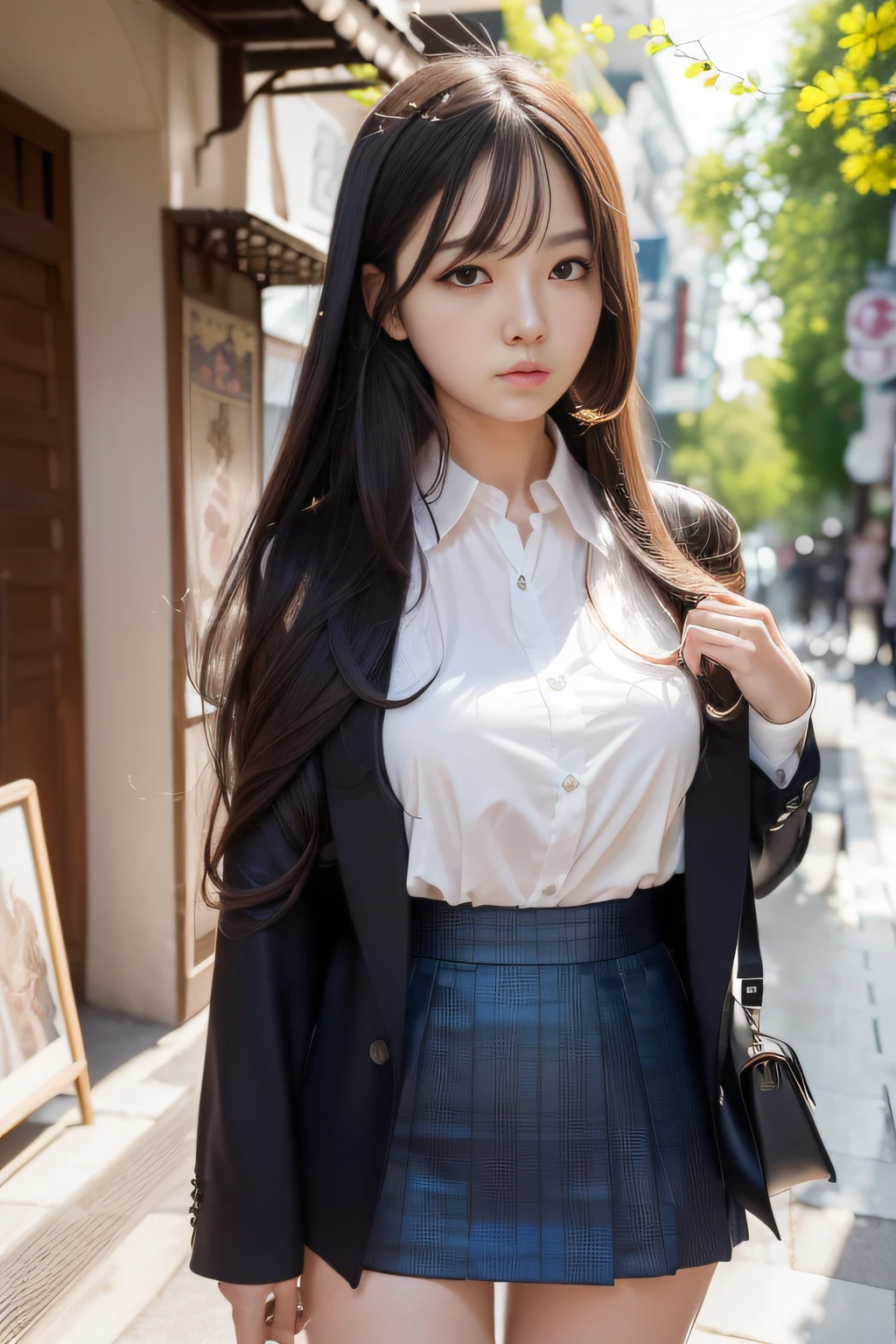 (1girll,Numerical portrait:Park Chao-yeon),黑The eye,Beautiful face,(Leptoskeleton face+s delicate face),hyperdetailed face,(Delicate Japanese makeup), ssmile,looks into camera,(鎖骨:1.2),mediuml breasts,Long hair micro-curls,(Messy and layered, By bangs),(Surrealist close-up photo of women,Fantasyart,David Hockney,Alphonse Mucha),(Pure,adolable),Cut blazer,White shirt,short skirt,long leges,Big breasts Thin waist,(Slim figure),((Hasselblad photograp)),the street,Surreal photography,(动态照明,exquisite detailing,8k wallpaper,)