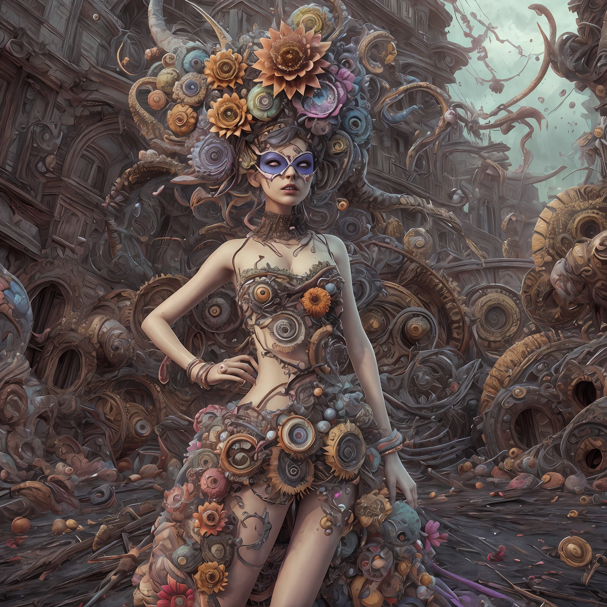 Wantz monster design,intriguing,High color saturation,swirles,Hyper-realistic, Ultra-detailed,Ultra-stereoscopic,MuCoi,Drip style - paint - 1900,tentaculata,round eye,Digital art by Ray Caesar and Hannah Hch and Stephen Burrows, A beautiful young woman in action pose, centered in frame, Wide shot, Lively breasts, Mask, Pop surrealism, neo-dada, Spectacular, spectacle, Masterpiece, Private collection, Featured collections, behans, a 3D render, Cracked clay, Gothic, Bright colors, Supersaturation, Depth, spirals, fibonacci sequence, shells, Flowers, gear wheel, tunnel, surreal environment, Fractal geometry, game assets, City scene, Modern makeup, Long eyelashes, Rain drops, Chiffon dress, Rococo, bangle, Punk rock, Subversive art, Dirty, Dirt, Skiff, Mid-cut jeans, Specular highlights, Pondering, ambient occlusion render, Detailed, Parade Square, ((isoline)), armature, Detailed, elaborate, complex, Desert, Mountains, Cart, The Car, Stormy sky, Moonlight