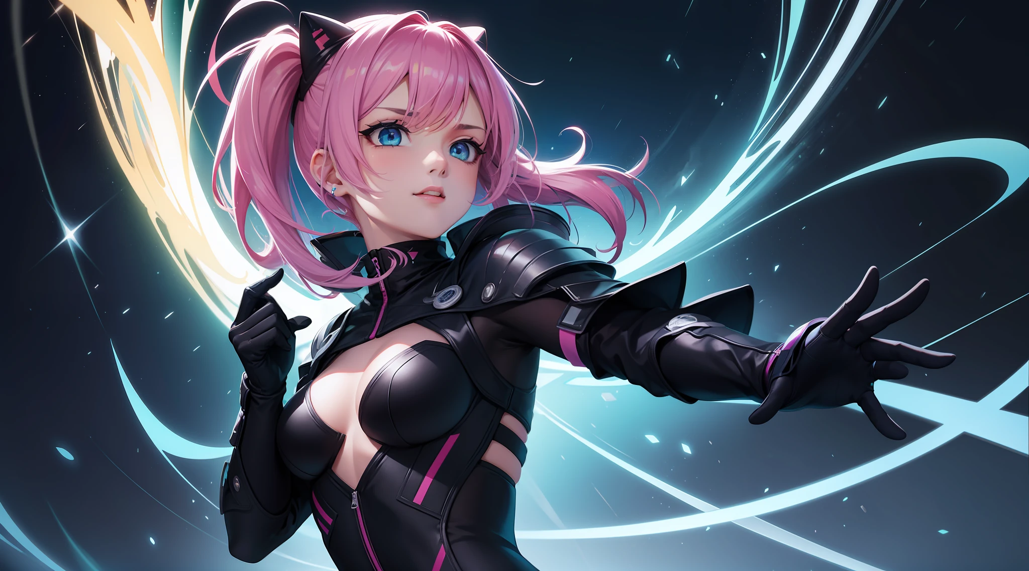 Mulher ninja com fone de ouvido sentido paz, olhos brilhantes com estrela, rosto bonito e peitos grandes, cores RGB, cabelo rosa brilhante, colorido anime, fundo brilhante, Banner for youtube video, menina feliz, nuvens com cores RGB, cores RGB brilhantes, completo, ser celestial, garota gamer..