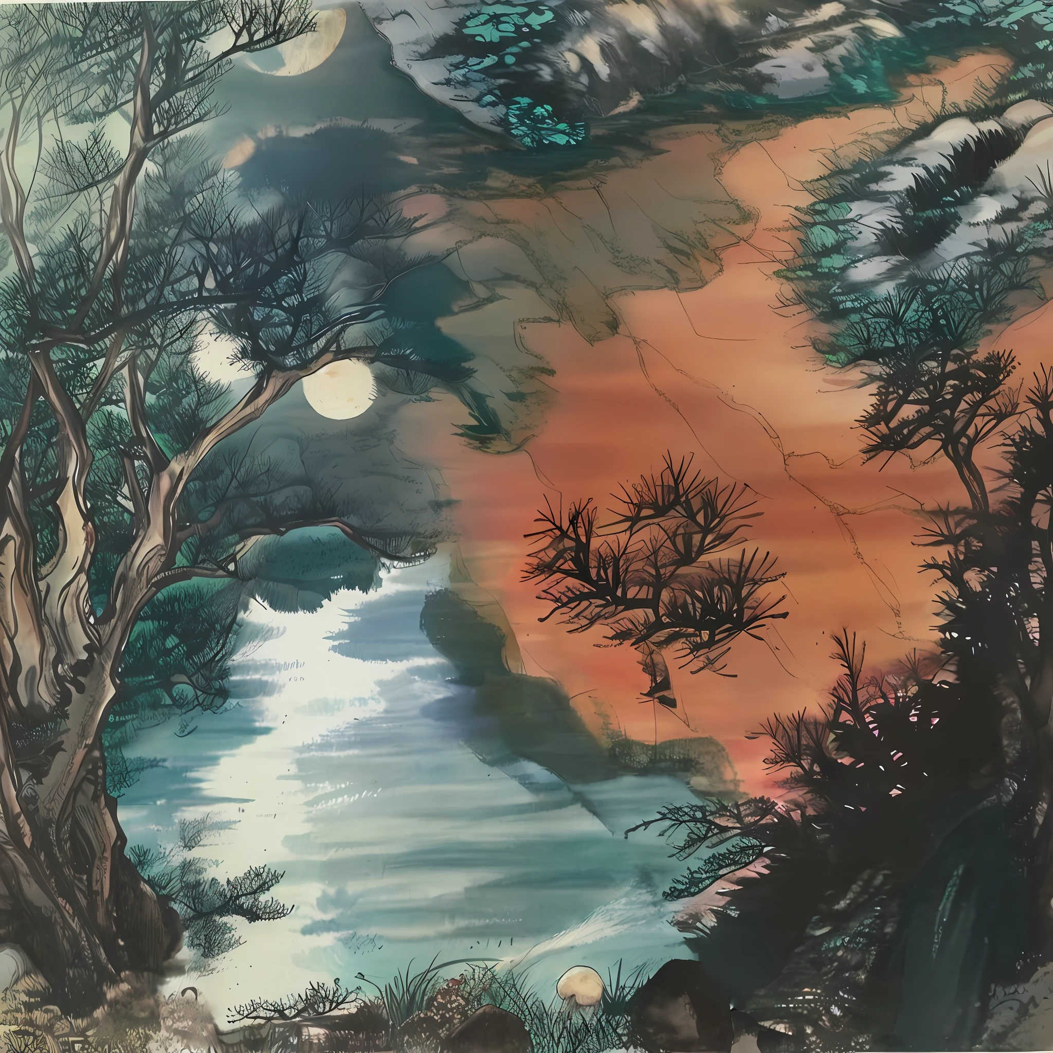 Along rivers,Mountain,On the cliffs of the mountain,And the coast grows ancient,Powerful pine trees