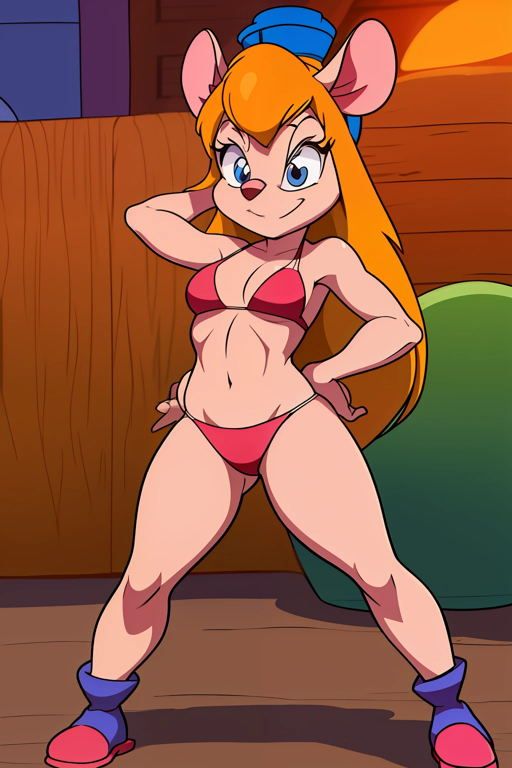 gadget_hackwrench, tiro de cowboy, sorriso, solo, bikini, botas altas, (alta qualidade: 1.2), obra-prima, detalhado, highres, 4k, foco nítido, estilo simples, desenho animado, [[anime]]