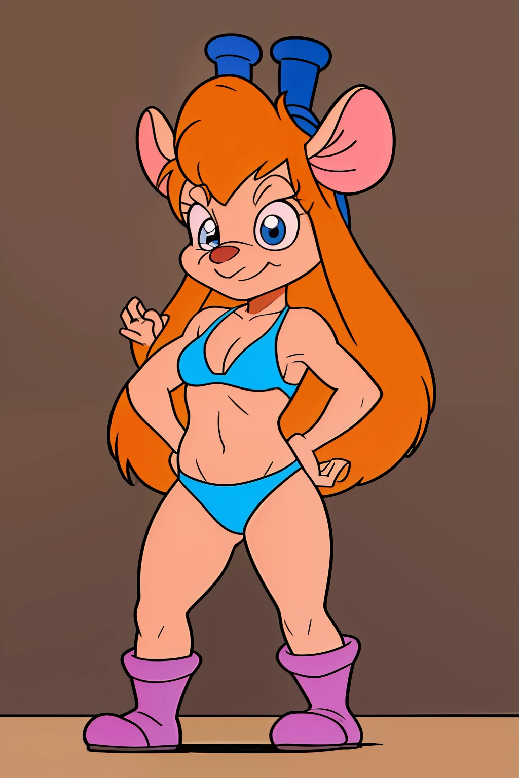 gadget_hackwrench, tiro de cowboy, sorriso, solo, bikini, botas altas, (alta qualidade: 1.2), obra-prima, detalhado, highres, 4k, foco nítido, estilo simples, desenho animado, [[anime]]