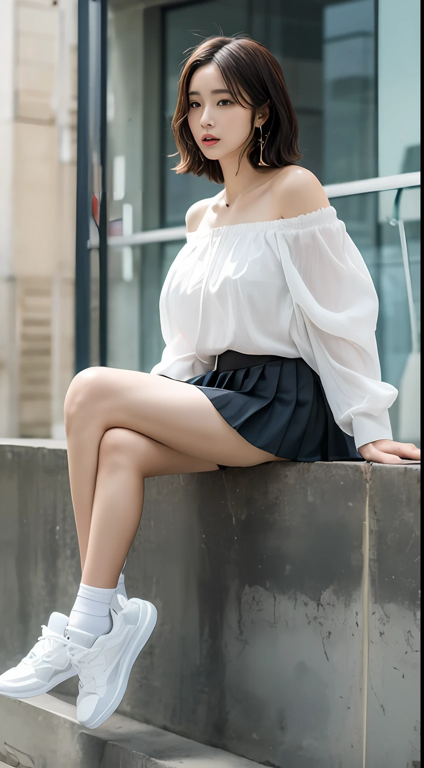 ((Best picture quality, 8K, tmasterpiece:1.3)), 1girll, Casual hairstyle, （off-shoulder blouse，Short pleated skirt：1.3）,（wet see through clothes：1.4），Ultra-fine face, A detailed eye, 二重まぶた，（long leges：1.4），（athletic sneakers：1.3），Sit on a high platform