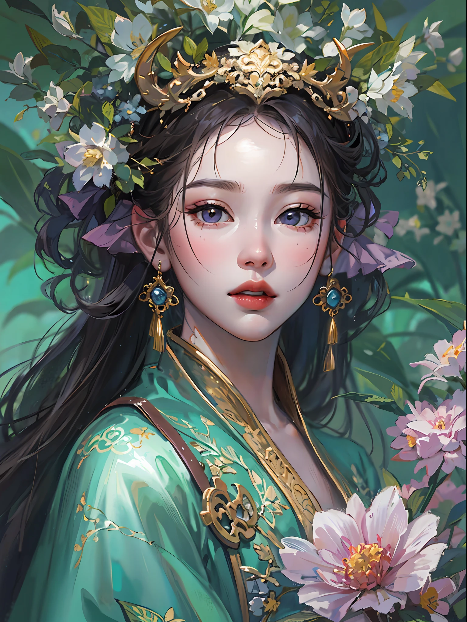 HighestQuali，tmasterpiece：1.2，Detailed details，4K，fairy woman with 4 size chest, with hairstyles and flowers, in the style of influenced by ancient chinese art, subtle realism, he jiaying, dark white and dark aquamarine, Elaborate costumes, Beautiful, with golden brown, purpleish color, dimpled chest, multilayered realism