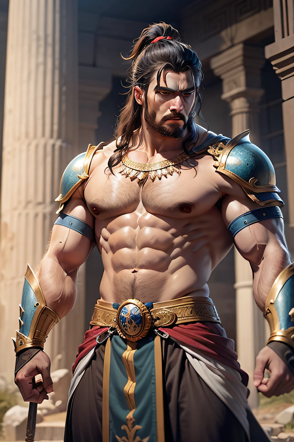 A powerful and stoic Greek warrior with a strong, muscular physique and chiseled features. Dressed in traditional Greek armor, he stands tall with a composed demeanor and piercing blue eyes. Placed against an ancient Greek battlefield or mountainous backdrop, he exudes a sense of calm confidence and martial prowess. This AI-generated image captures the essence of stoic strength and valor, presenting a timeless representation of resilience and bravery.