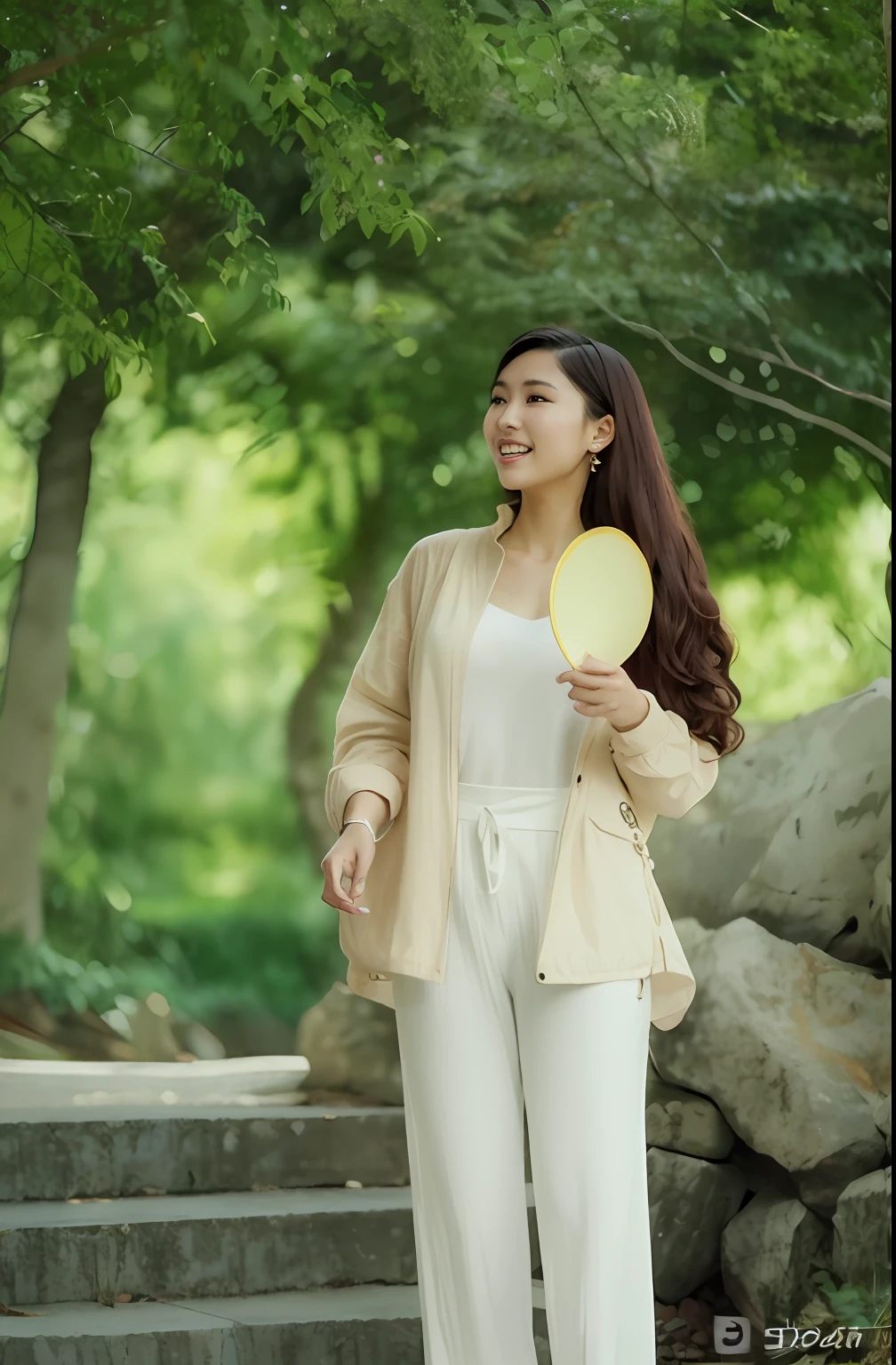 The Arakfi woman holds a fan，Wearing white pants and a pink jacket, Asian girl with long hair, A young Asian woman, Beautiful young Korean woman, Young Asian woman, korean women's fashion model, With long hair, Young Asian girl, Gorgeous young Korean woman, Korean woman, Korean girl, Handsome girl, beautiful Korean women, girl walking in forest