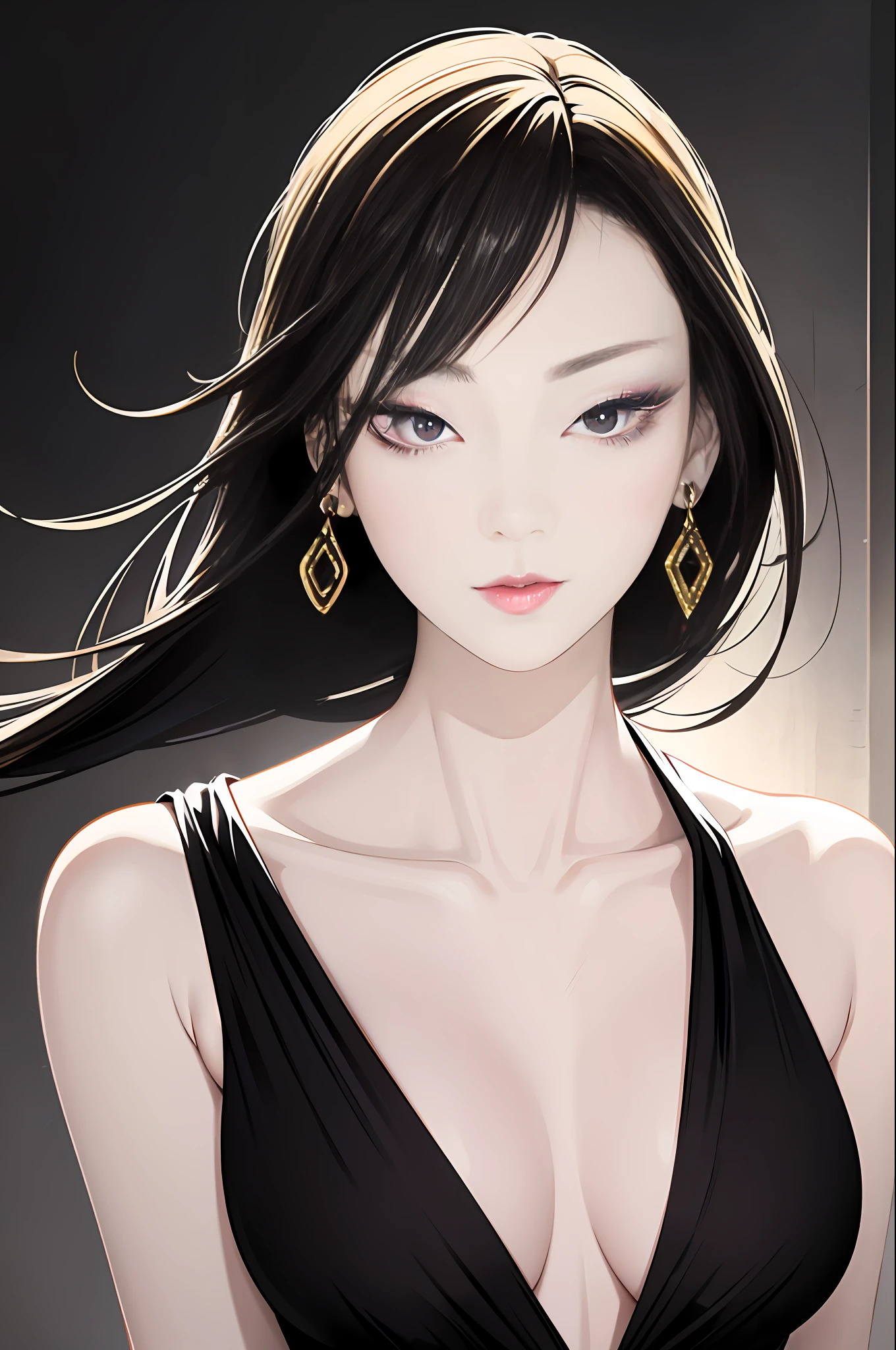 tsuruta ichiro, Narrow-eyed, 1girl in, Dynamic angles、sideways Facing、Luxurious dresses,deadpan、short-hair、shorth hair、brow、A dark-haired、Tucked Hair Solo, ((mideum breasts)), ( Thin slit eyes)、Black eyes, Light shines on the eyes、Black hair, gloves, Dress,  Luxurious Jewelry, earrings, sharp eye、 elbow groves, Makeup for long eyes, (Slender eyes)、lip stick, Rim Light, Back Light, Studio Lighting,unity 8k wall paper、ultra-detailliert、Beautifully Aesthetic、​masterpiece、top-quality、ighly detailed、The most beautiful forms、elegent、