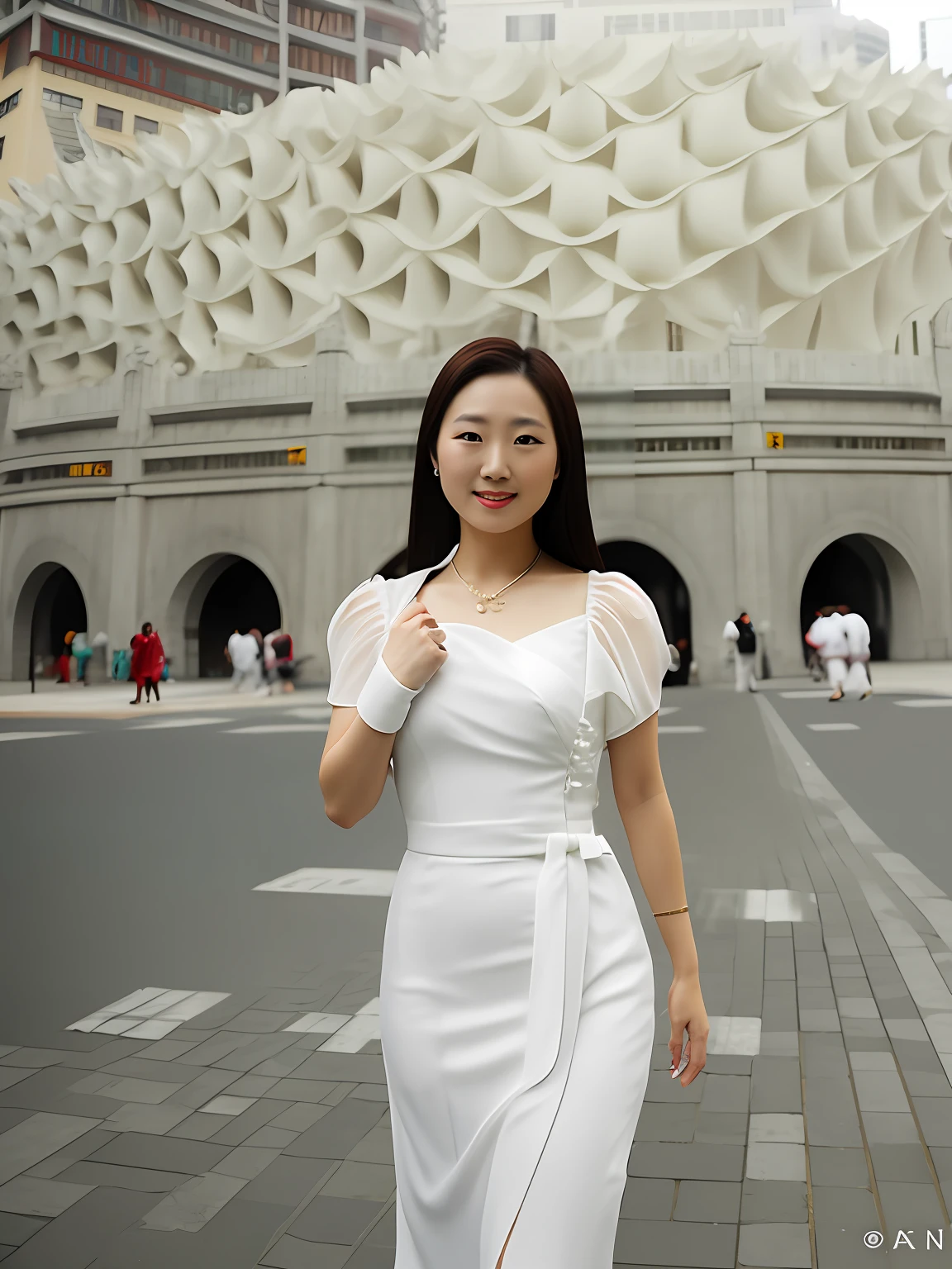 A lady. araki, Wearing a white dress, Stand in front of the building, wenfei ye, xintong chen, 2 8 years old, 30 year-old woman, 3 0 years old woman, Zhang Wanting, chengyou liu, wenjun lin, 2 9 years old, Lu Ji, mingchen shen, xue han, jinyiwei, xision wu