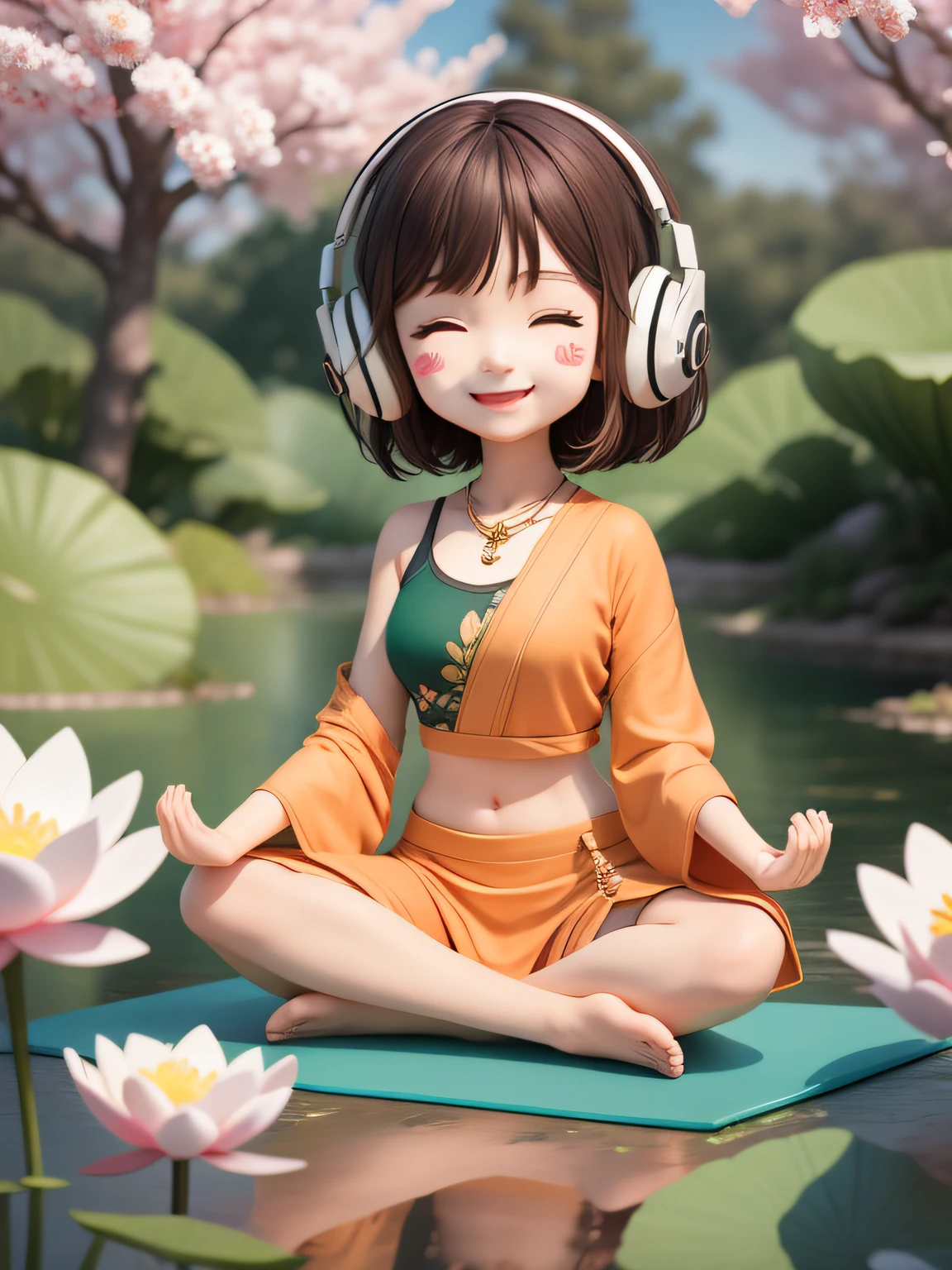 woman sitting in a yoga pose with her hands crossed, meditating pose, lotus pose, meditation pose, yoga meditation pose, sukhasana, meditating in lotus position, meditative sacral pose, meditating, sitting cross-legged, padmasana, praying meditating, sitting pose, yoga pose, anjali mudra, relaxed pose, relaxed posture, green clothes, (masterpiece),(best quality),(ultra-detailed), (full body:1.2), 1girl,chibi,cute, smile, open mouth, flower, outdoors, blush, tree, :3, shirt, short hair, cherry blossoms, green headwear, blurry, brown hair, blush stickers, long sleeves, bangs, headphones, black hair, pink flower, (beautiful detailed face), (close eyes),
