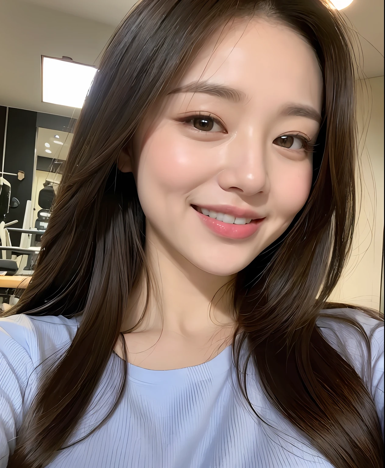 ((top-quality、8K、​masterpiece:1.3))、1girl in、Beautiful woman with plump abs emphasized:1.3、(The long-haired、Colossal tits:1.2)、In the gym、Super delicate face、wholesome、二重まぶた、A smile that showed teeth、Random color clothes、Looking at the camera、Big smile、Look here、Look at me with your eyes wide open、Cozy feeling、